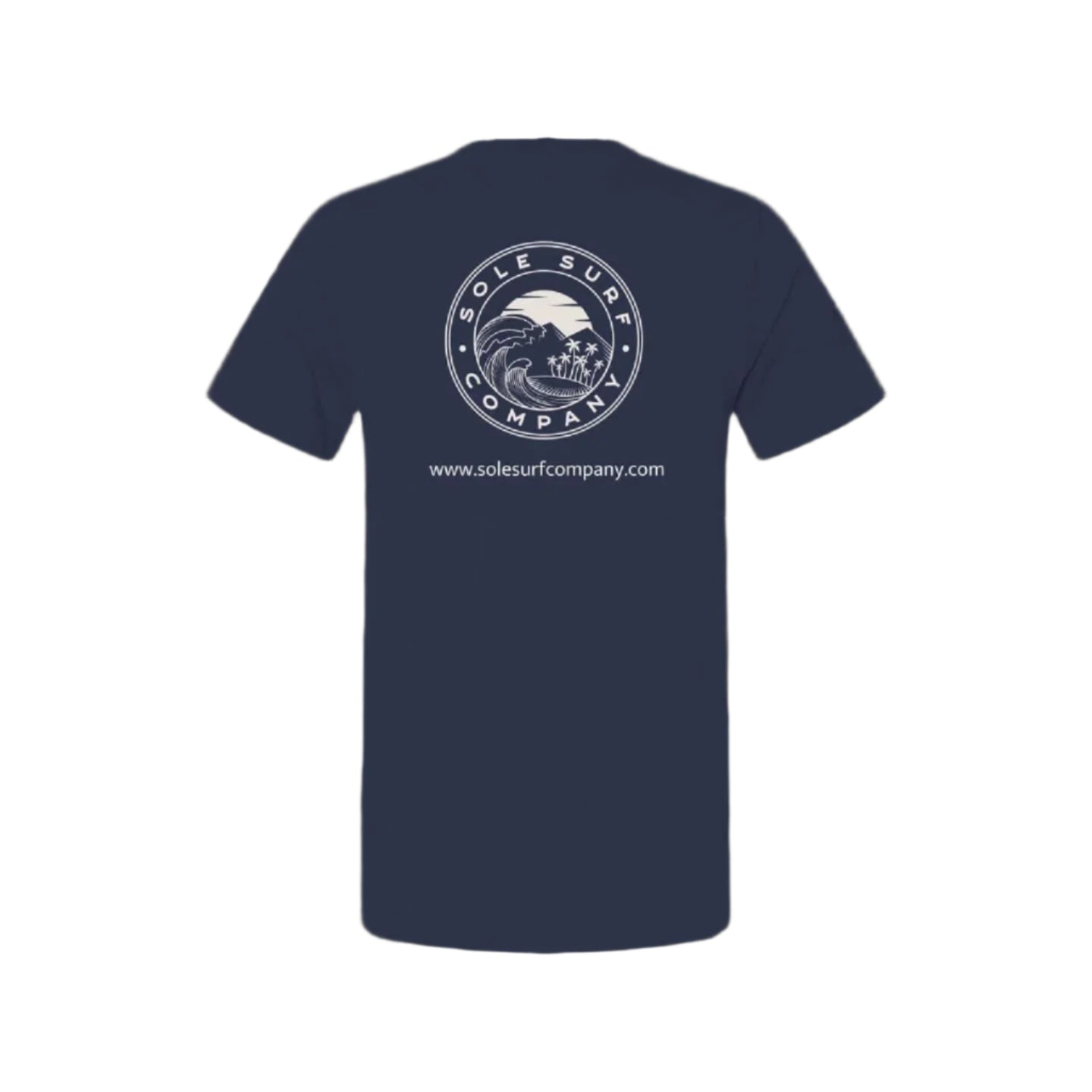 Navy promotional t-shirt from Sole Surf Company featuring logo and website on the back.