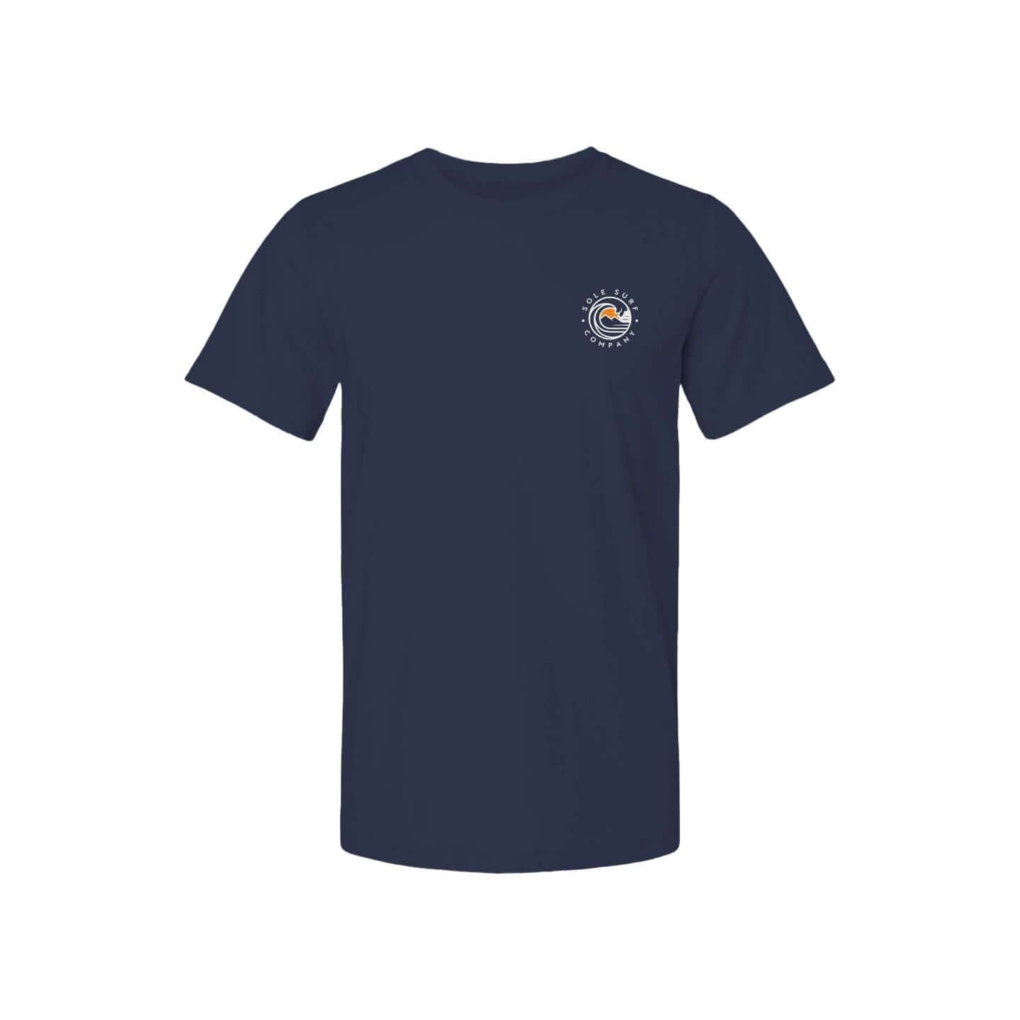 Navy Ulu T-Shirt with circular logo, perfect for beachgoers and casual outings.