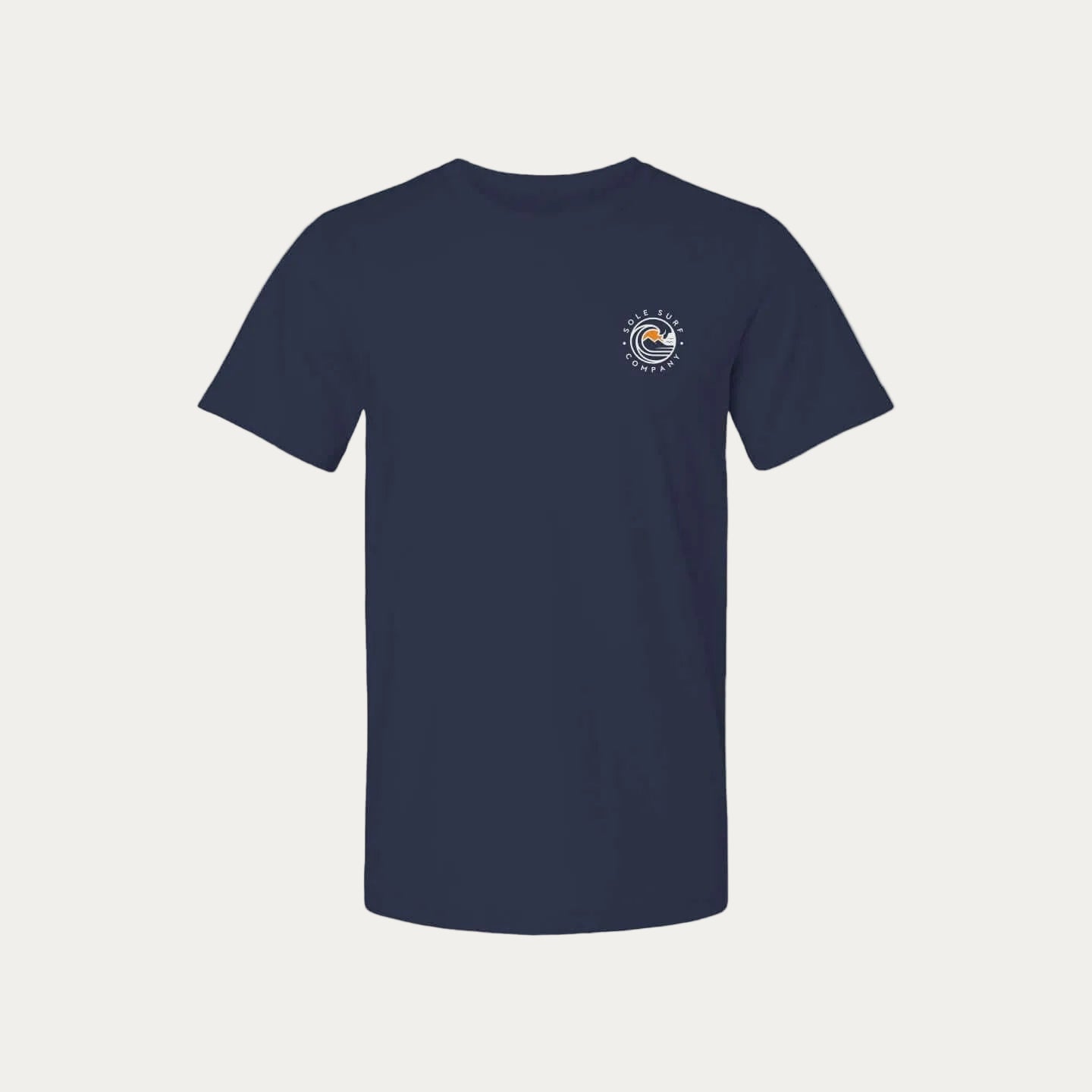 Navy Ulu T-Shirt with circular logo, perfect for beachgoers and casual outings.