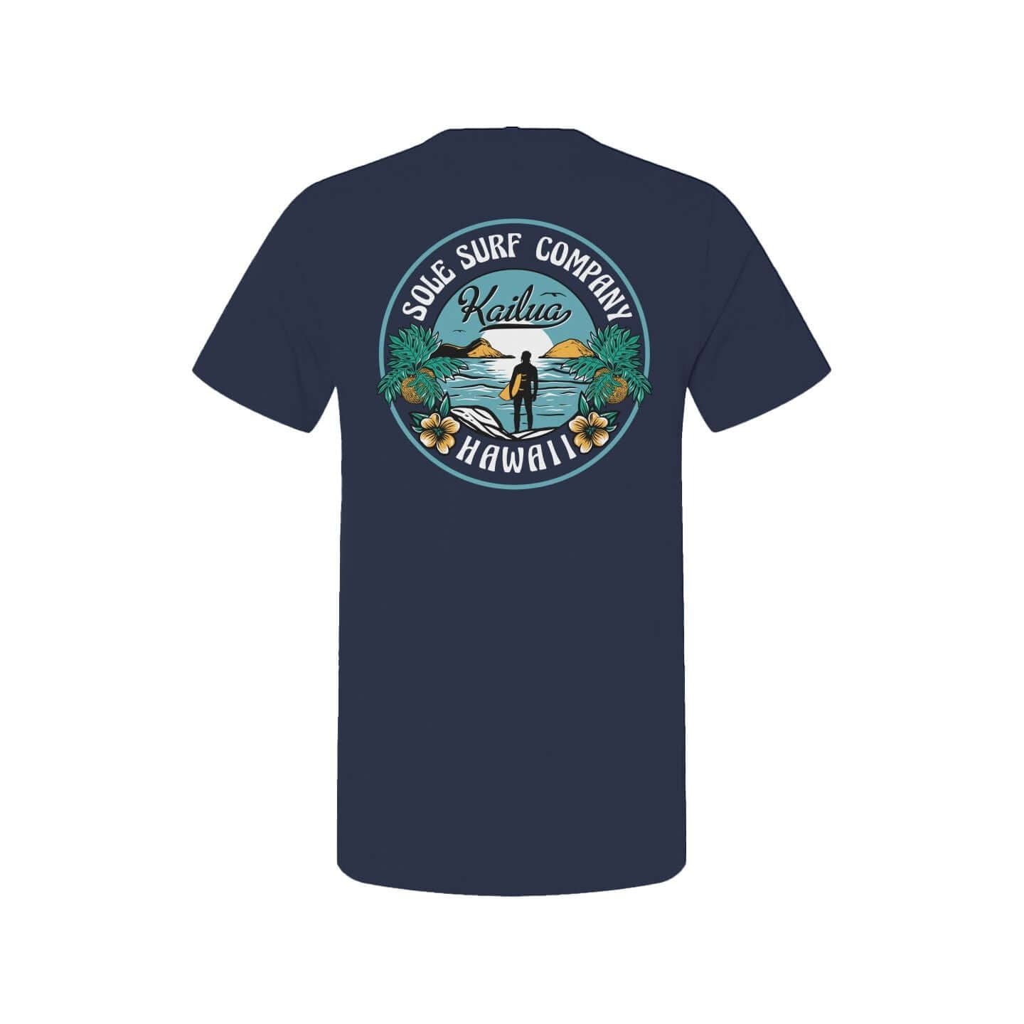 Navy Ulu T-Shirt featuring Kailua Surf Company design, perfect for beachgoers and casual outings.