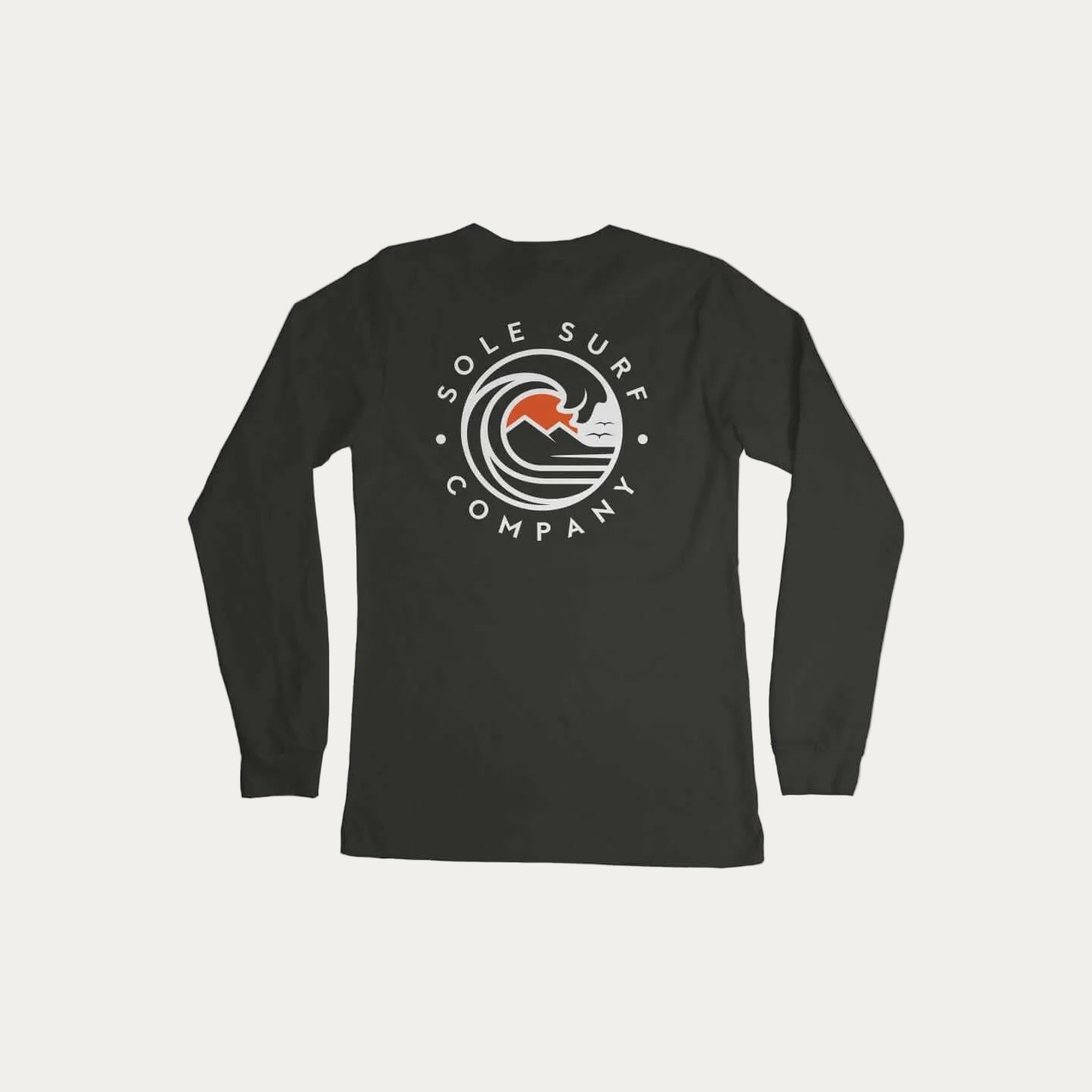 SSC White Logo Long Sleeve black long-sleeve tee featuring a surf logo design on the back.