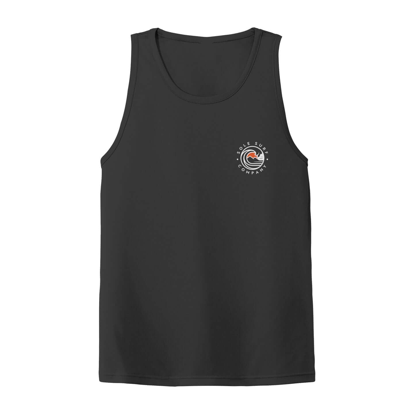 Black SSC Tank top featuring Sole Surf Company's wave logo on the chest, embodying coastal lifestyle and surf culture.