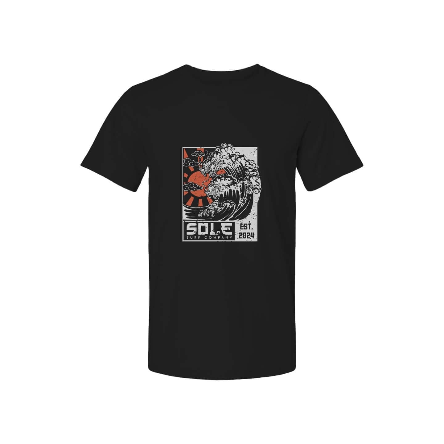 Black t-shirt featuring a stylized wave and hidden Japanese dragon design, perfect for surf culture and casual wear.