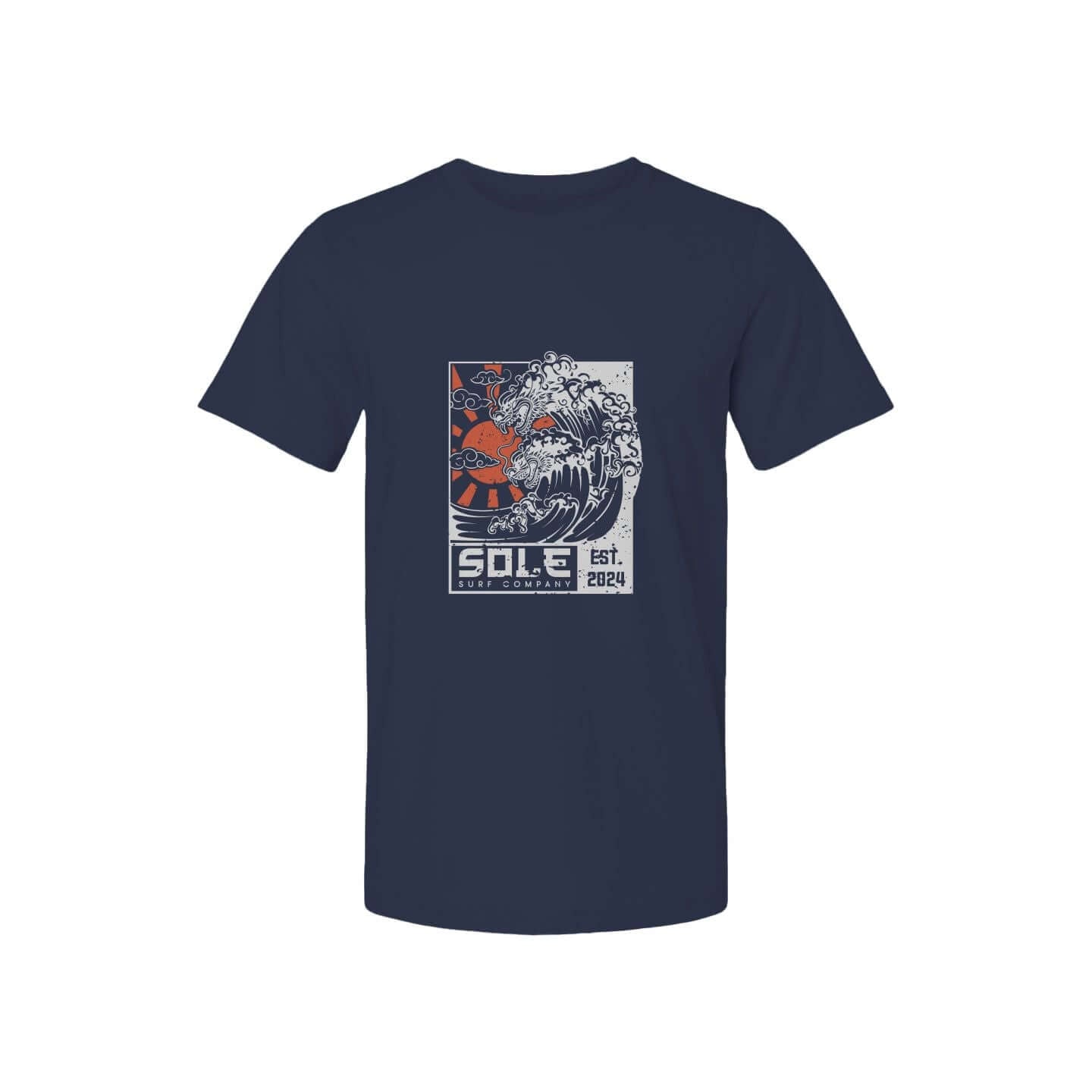 Hidden Dragon tee featuring a hand-drawn Japanese dragon and wave design, perfect for surf culture and casual wear.