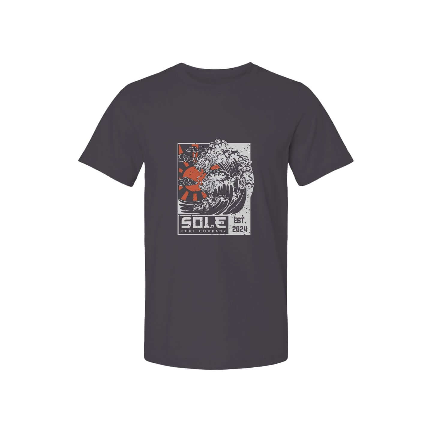 Hidden Dragon t-shirt featuring a hand-drawn Japanese dragon and wave design, perfect for surf culture enthusiasts.