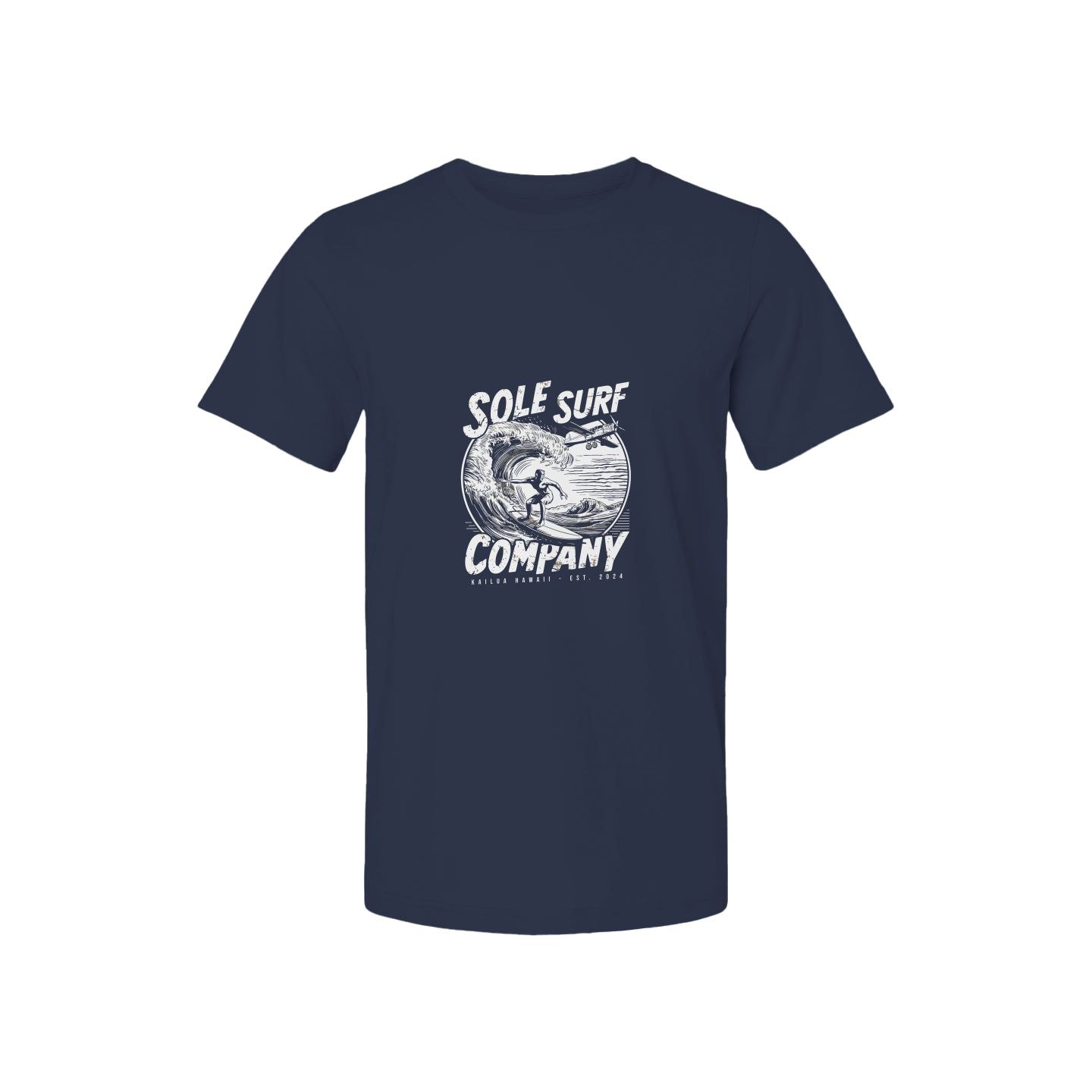 Navy blue tee featuring Sole Surf Company logo and cartoon surfer design for surf culture fans.