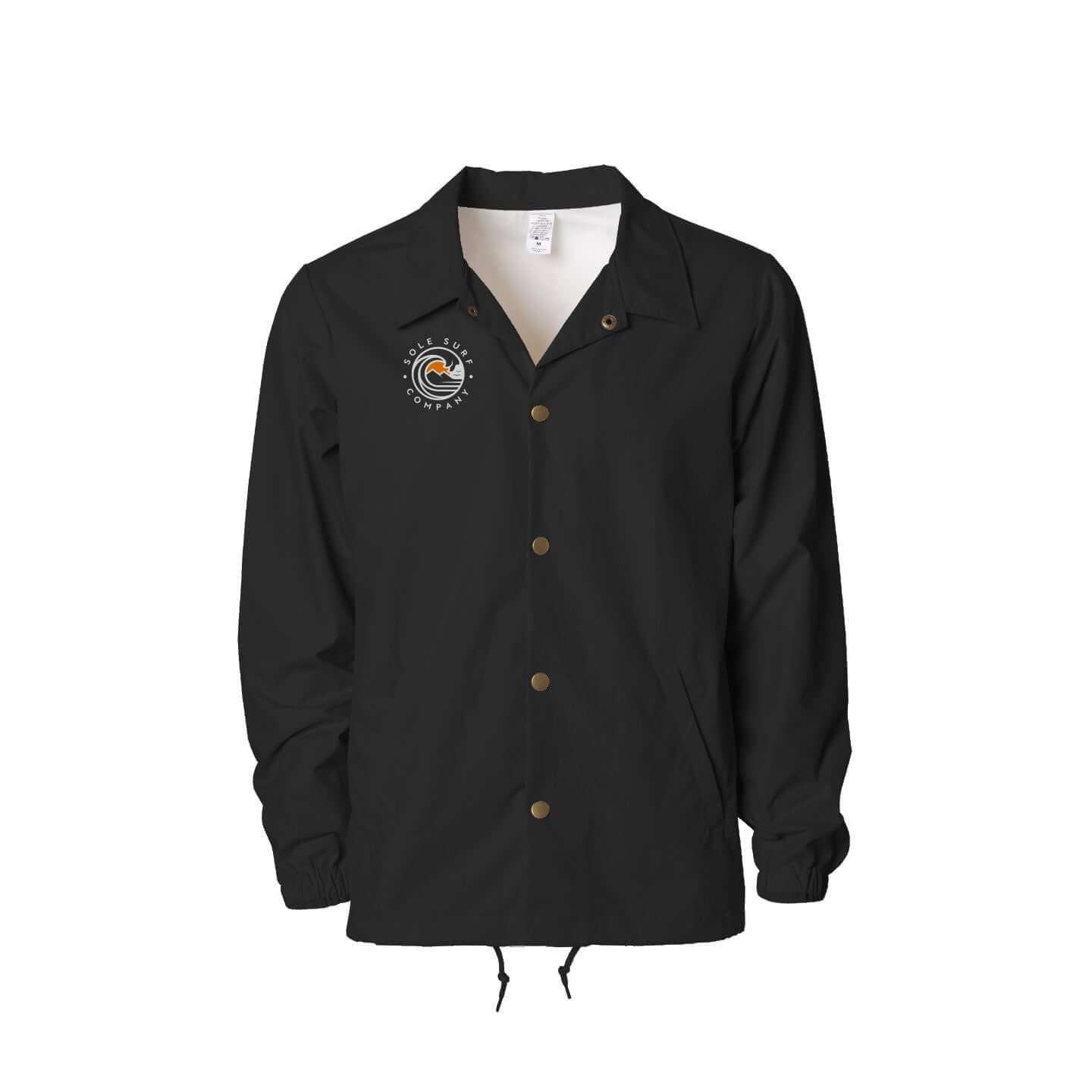 SSC Water Resistant Coaches Windbreaker displayed in black, featuring buttons and surf-inspired logo.