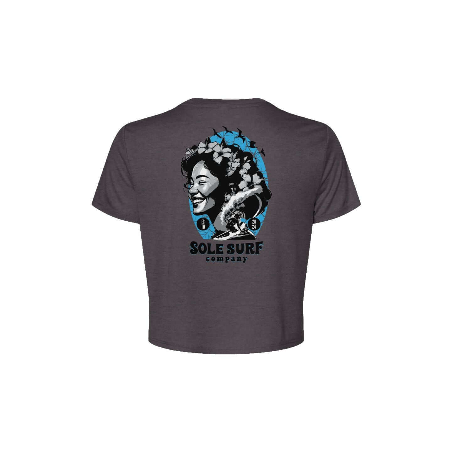 SSC Women’s Flowy Crop Tee – Island Woman featuring island-inspired illustration on the back.