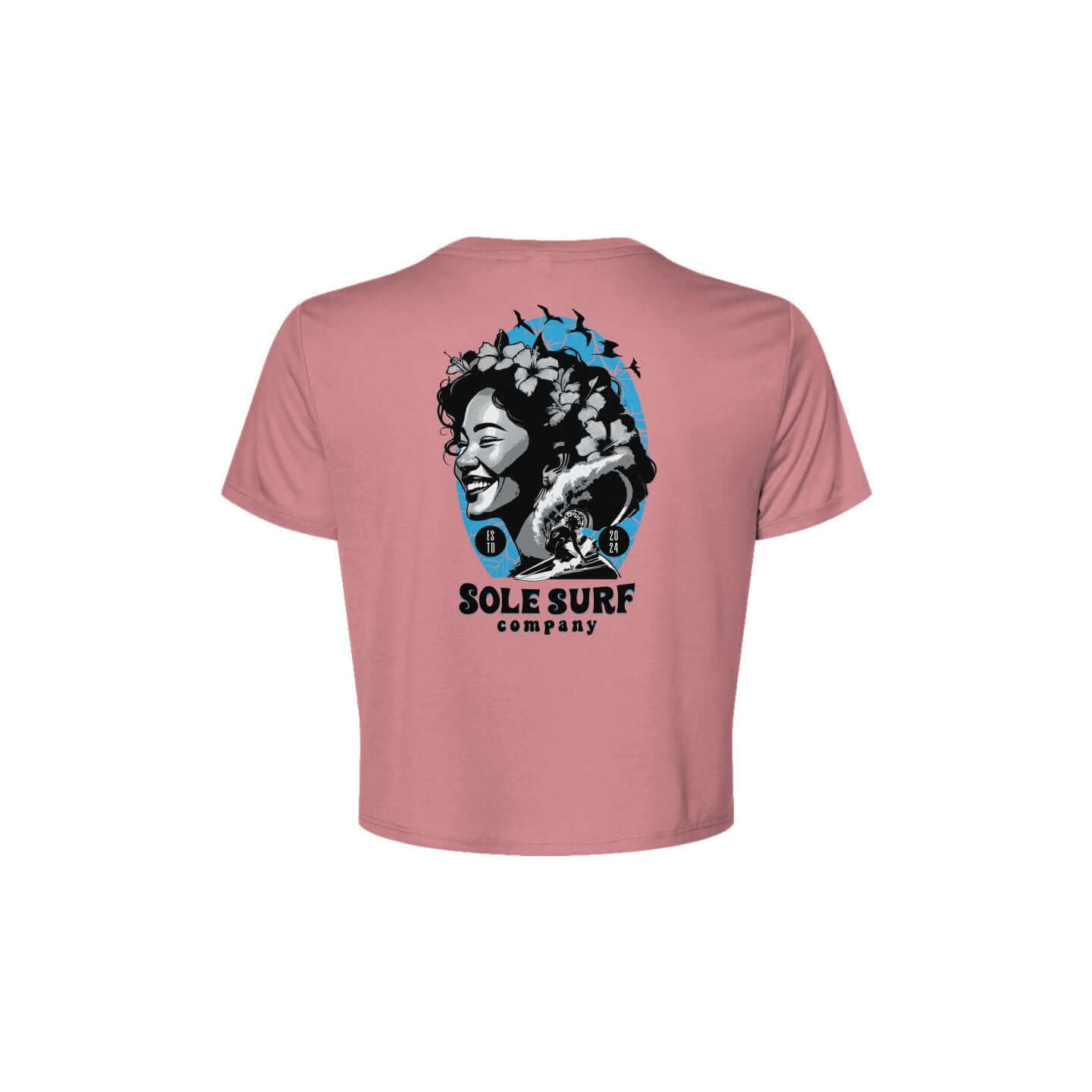 SSC Women’s Flowy Crop Tee – Island Woman with floral design and Sole Surf Company logo on back.