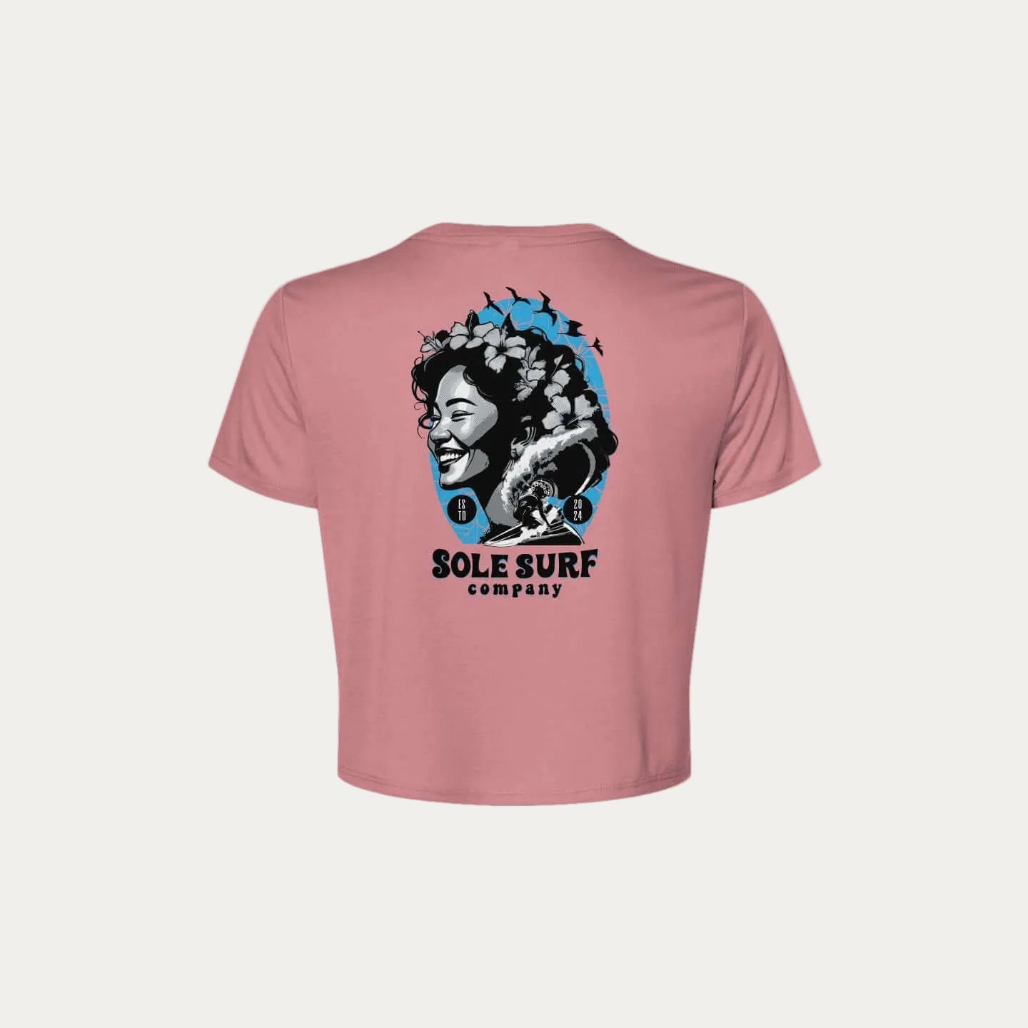 SSC Women’s Flowy Crop Tee – Island Woman with floral design and Sole Surf Company logo on back.