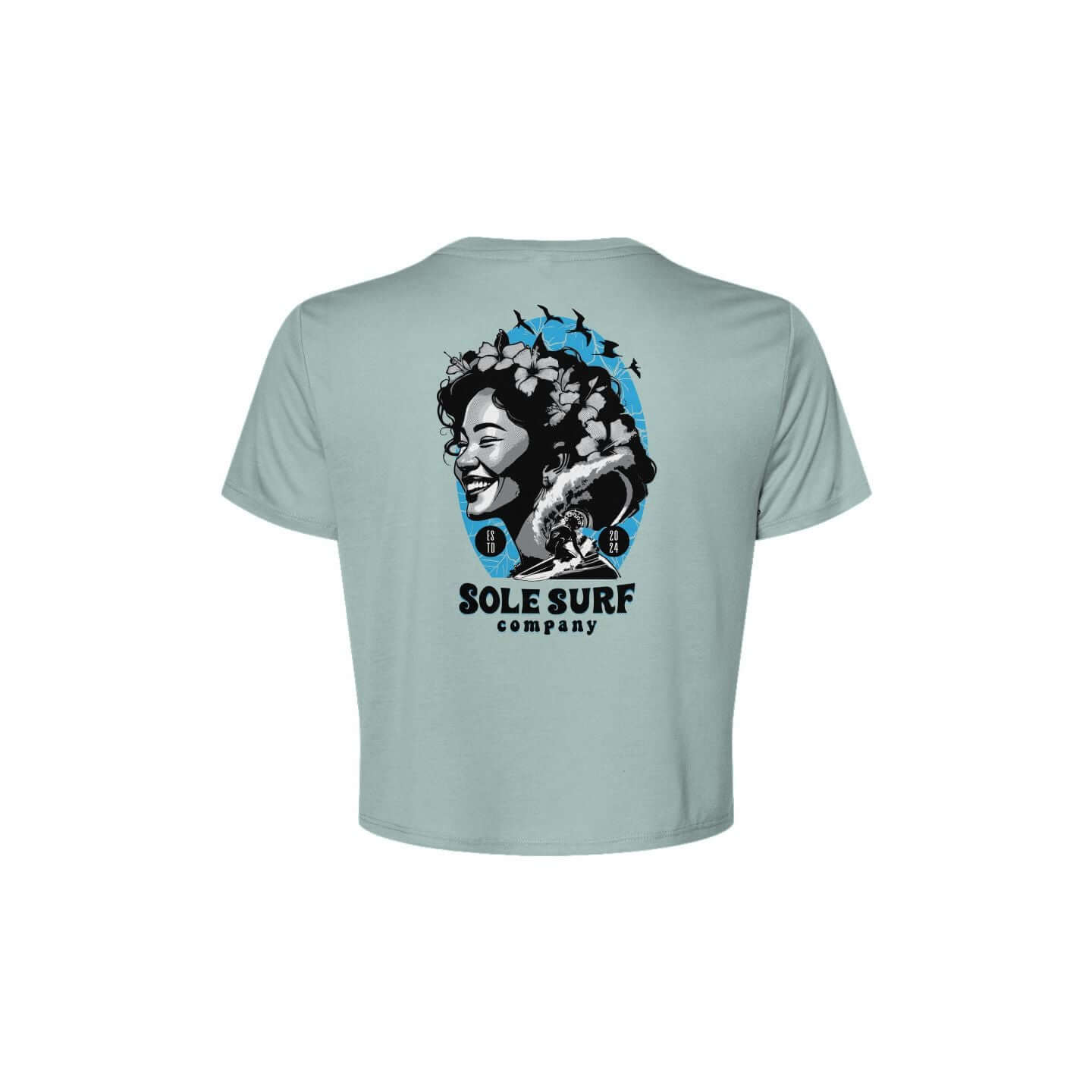 SSC Women’s Flowy Crop Tee – Island Woman back design featuring a smiling island woman illustration.