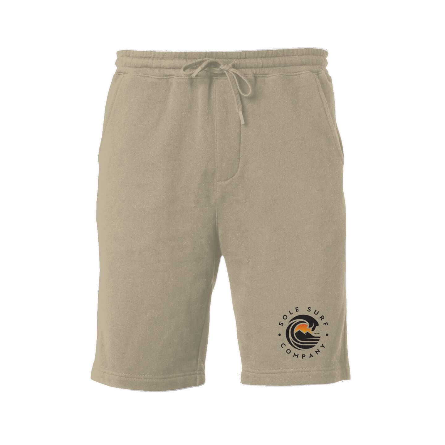 SSC Light Fleece Shorts in beige with Sole Surf Company logo for casual wear and comfort.