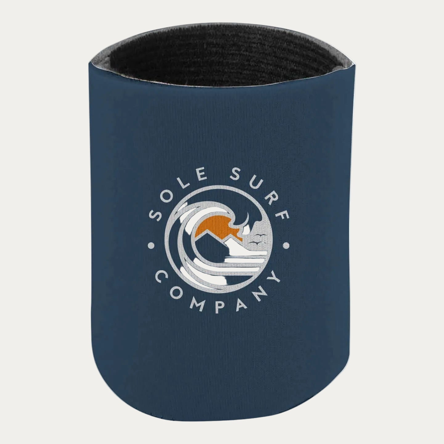 SSC Can Holder in blue with Sole Surf Company logo featuring waves and mountains.