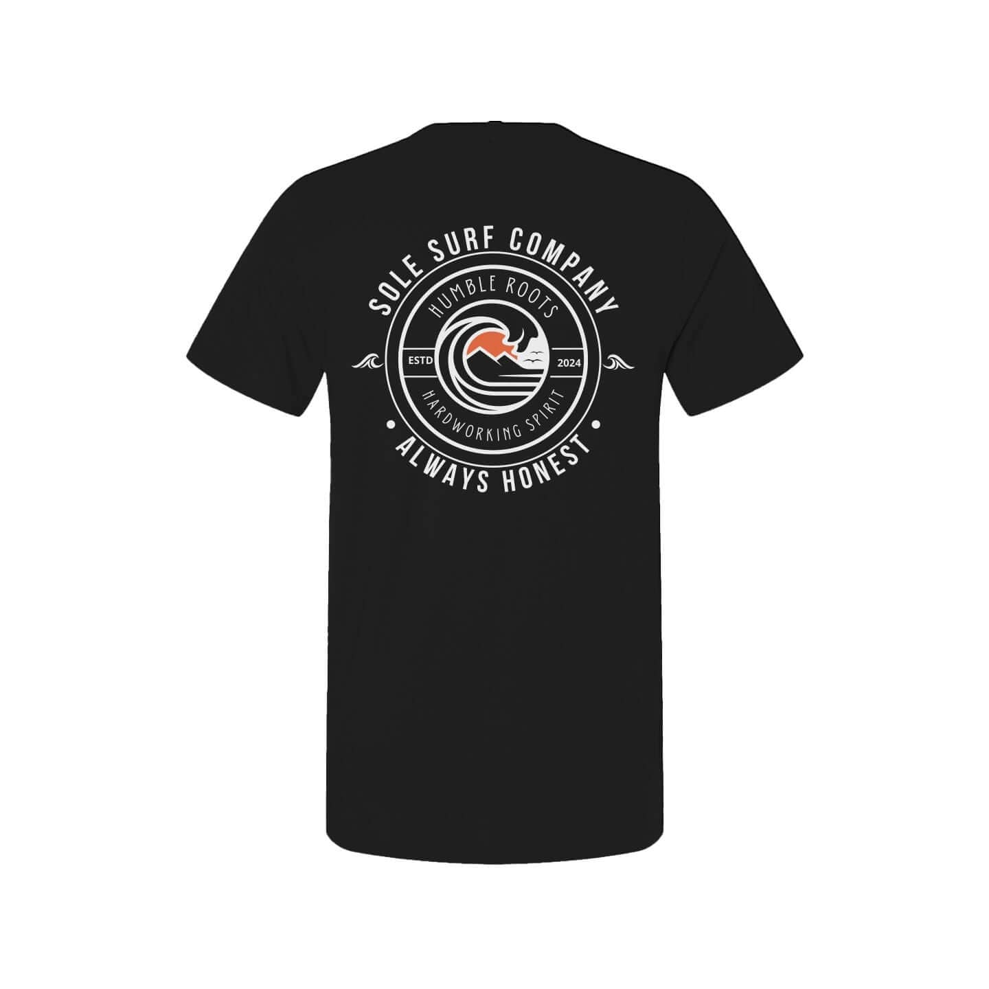 SSC Core Values tee featuring Sole Surf Company logo with humble roots and hardworking spirit design on a black shirt.