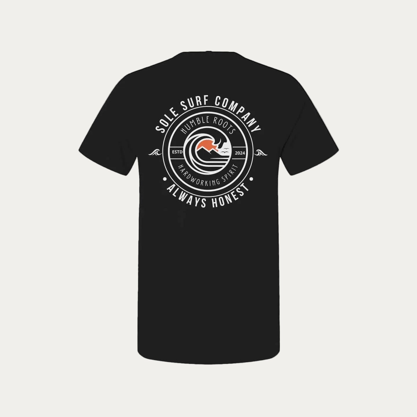 SSC Core Values tee featuring Sole Surf Company logo with humble roots and hardworking spirit design on a black shirt.
