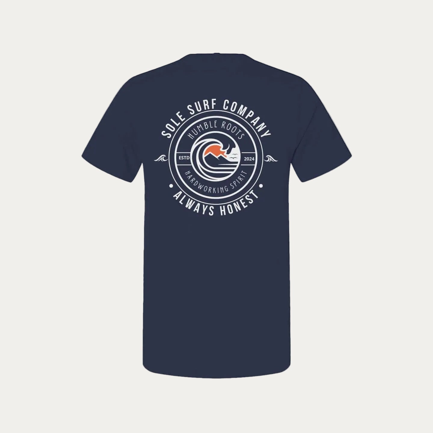 SSC Core Values tee featuring Sole Surf Company's logo and motto on a navy blue background.