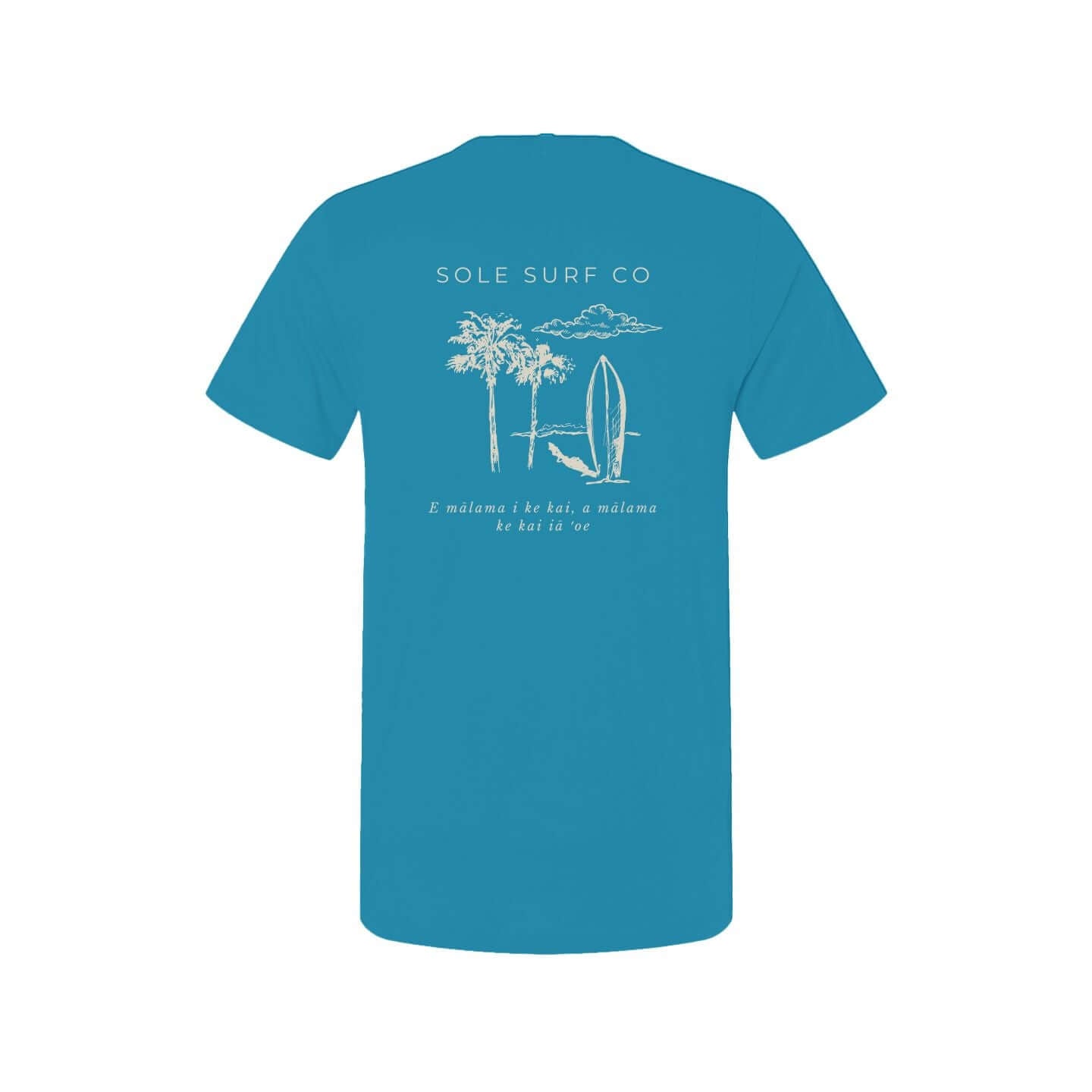 Back view of the Mālama Tee by Sole Surf Co. featuring palm trees and a surfboard design.