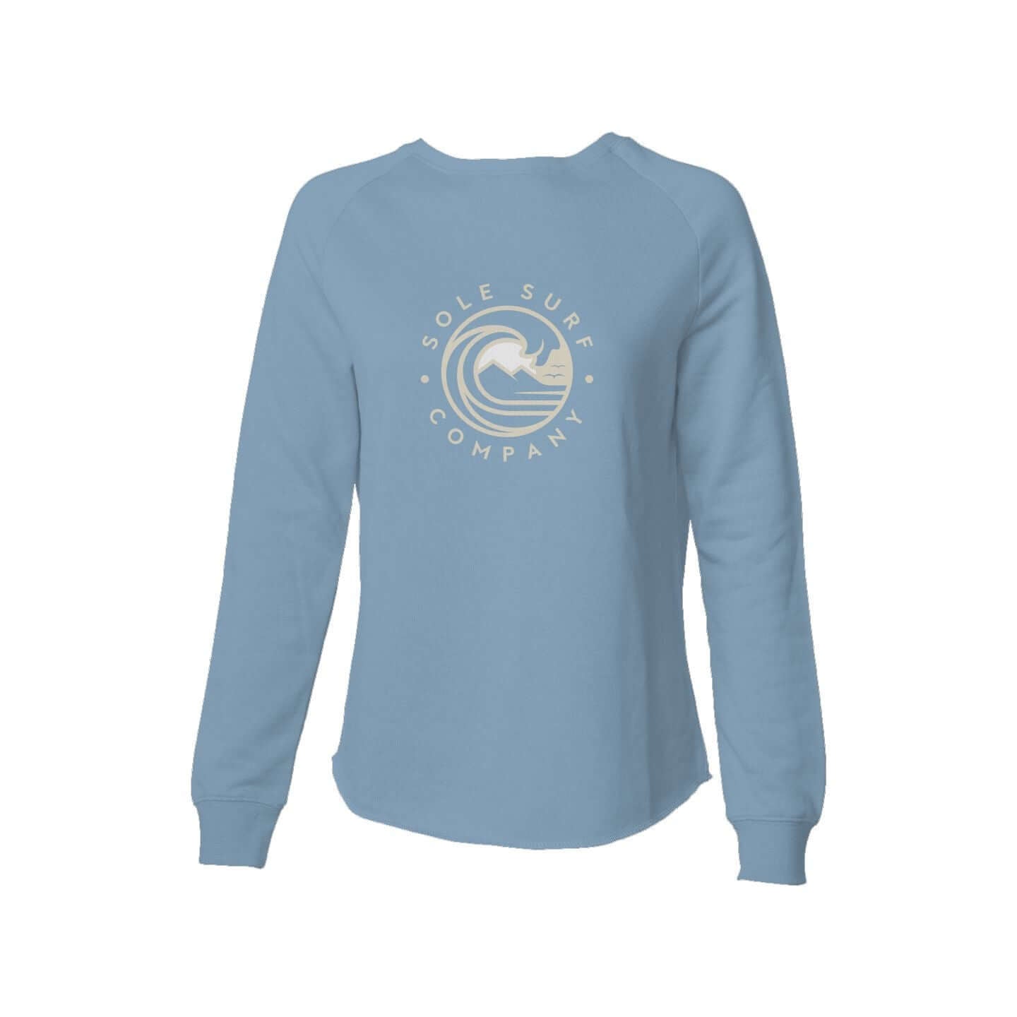Womens Lightweight SSC Sweatshirt in soft blue featuring minimal SSC logo for a relaxed coastal vibe.