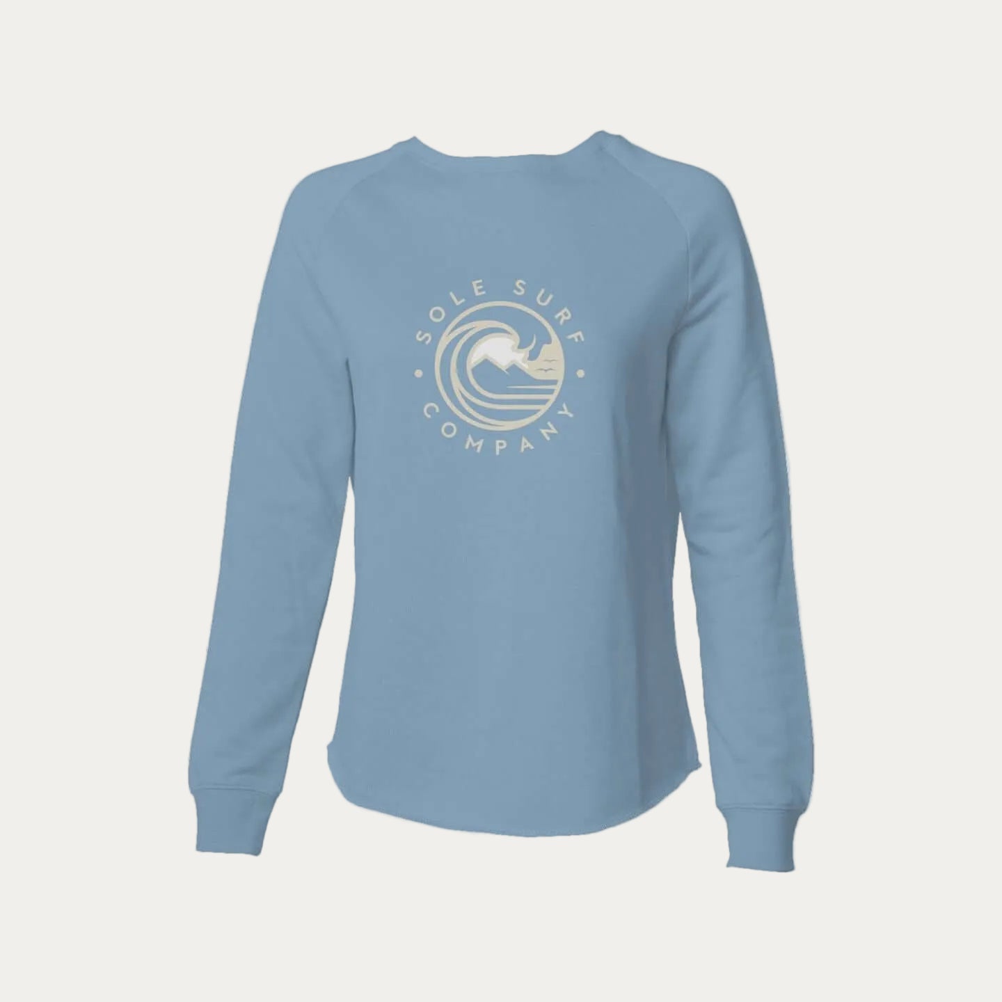 Womens Lightweight SSC Sweatshirt in soft blue featuring minimal SSC logo for a relaxed coastal vibe.