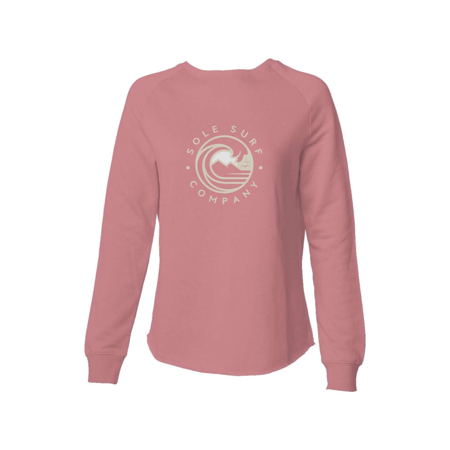 Womens Lightweight SSC Sweatshirt in pink with Sole Surf Company logo, perfect for cool breezy days.