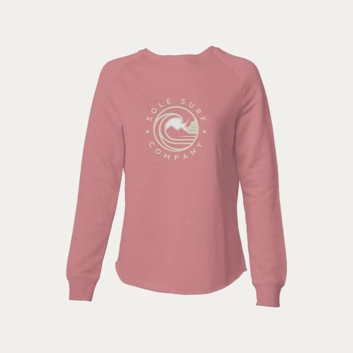 Womens Lightweight SSC Sweatshirt in pink with Sole Surf Company logo, perfect for cool breezy days.