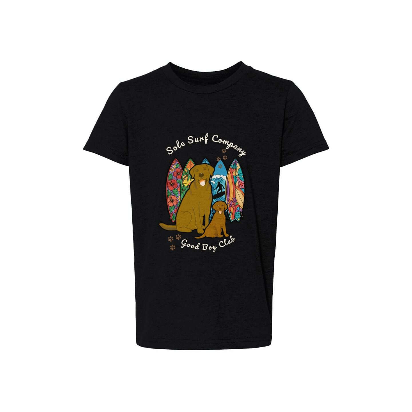 Surf Dogs Tee featuring a playful design with surfing dogs and colorful surfboards on a black youth tee.