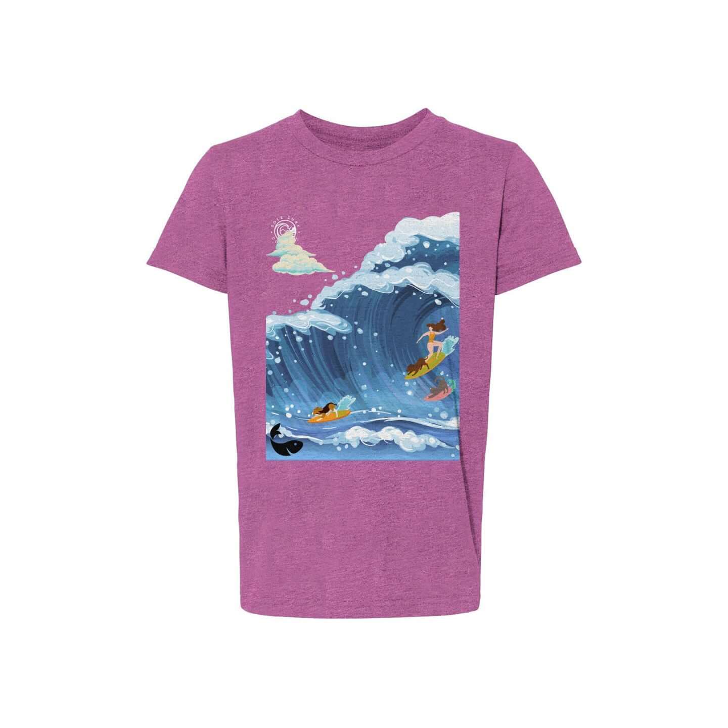 Surfing Cats printed on youth jersey tee featuring cats surfing big waves and playful artwork.