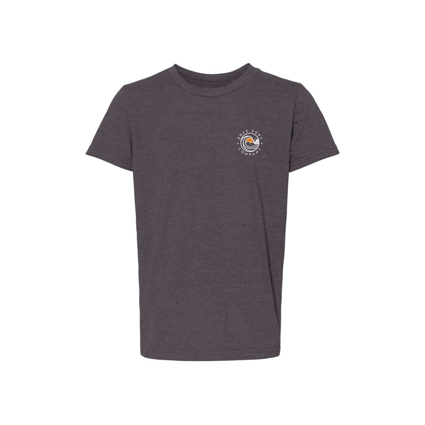 Kids Light Logo Tee in dark gray with colorful Sole Surf Company emblem on front.