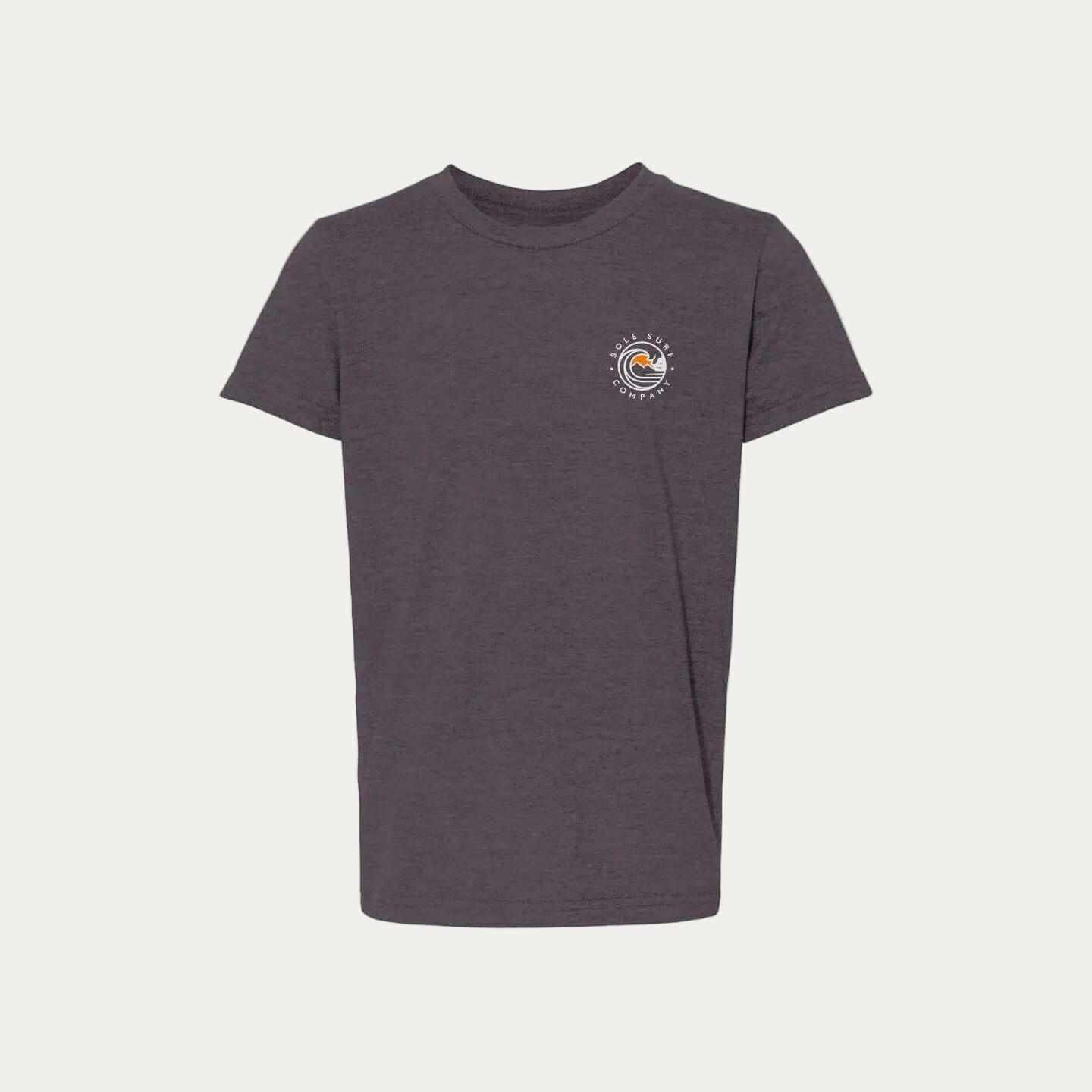 Kids Light Logo Tee in dark gray with colorful Sole Surf Company emblem on front.