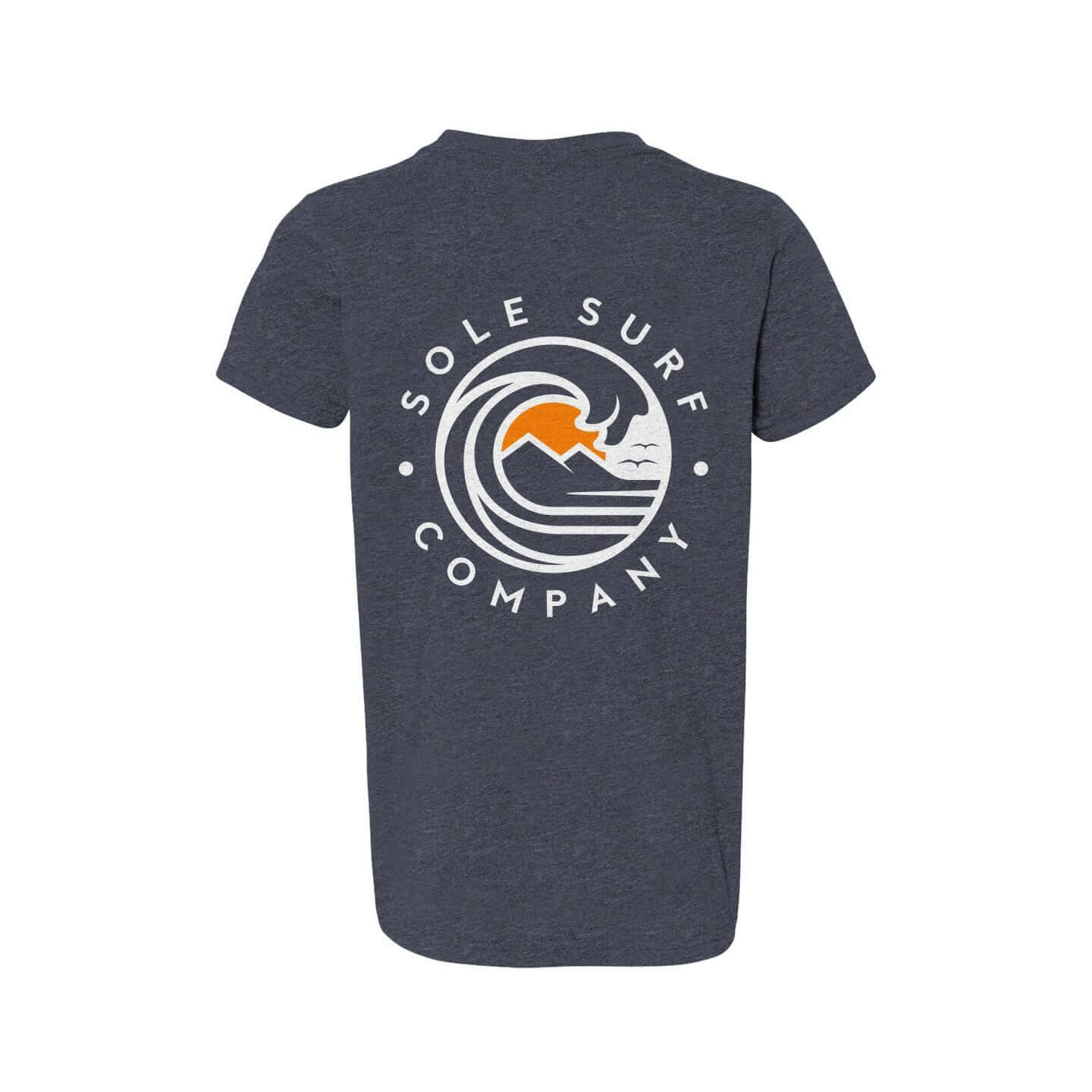 Kids Light Logo Tee featuring the Sole Surf Company emblem on a navy blue background.