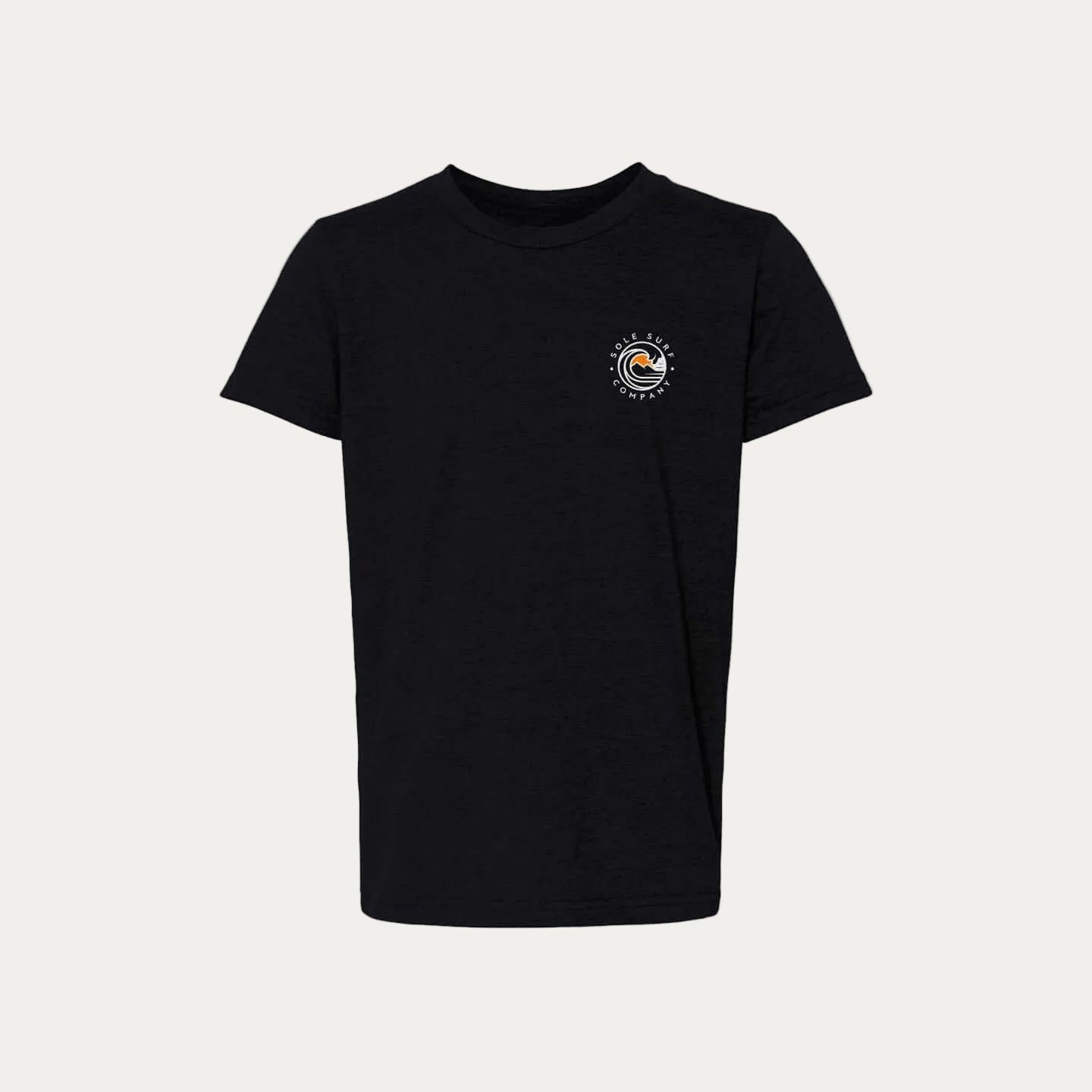 Kids Light Logo Tee featuring the Sole Surf Company emblem on a black t-shirt, perfect for kids' everyday wear.