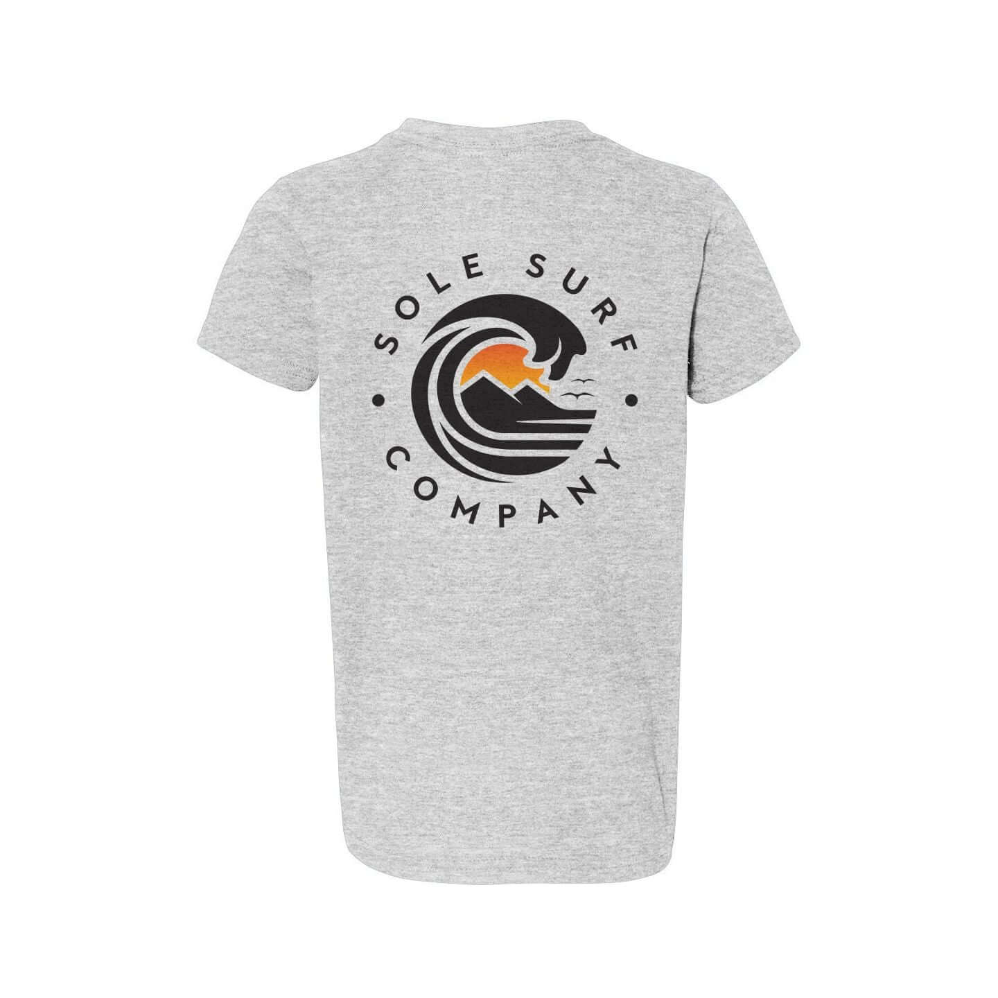 Kids Dark Logo Tee featuring the Sole Surf Company emblem on a gray youth tee.