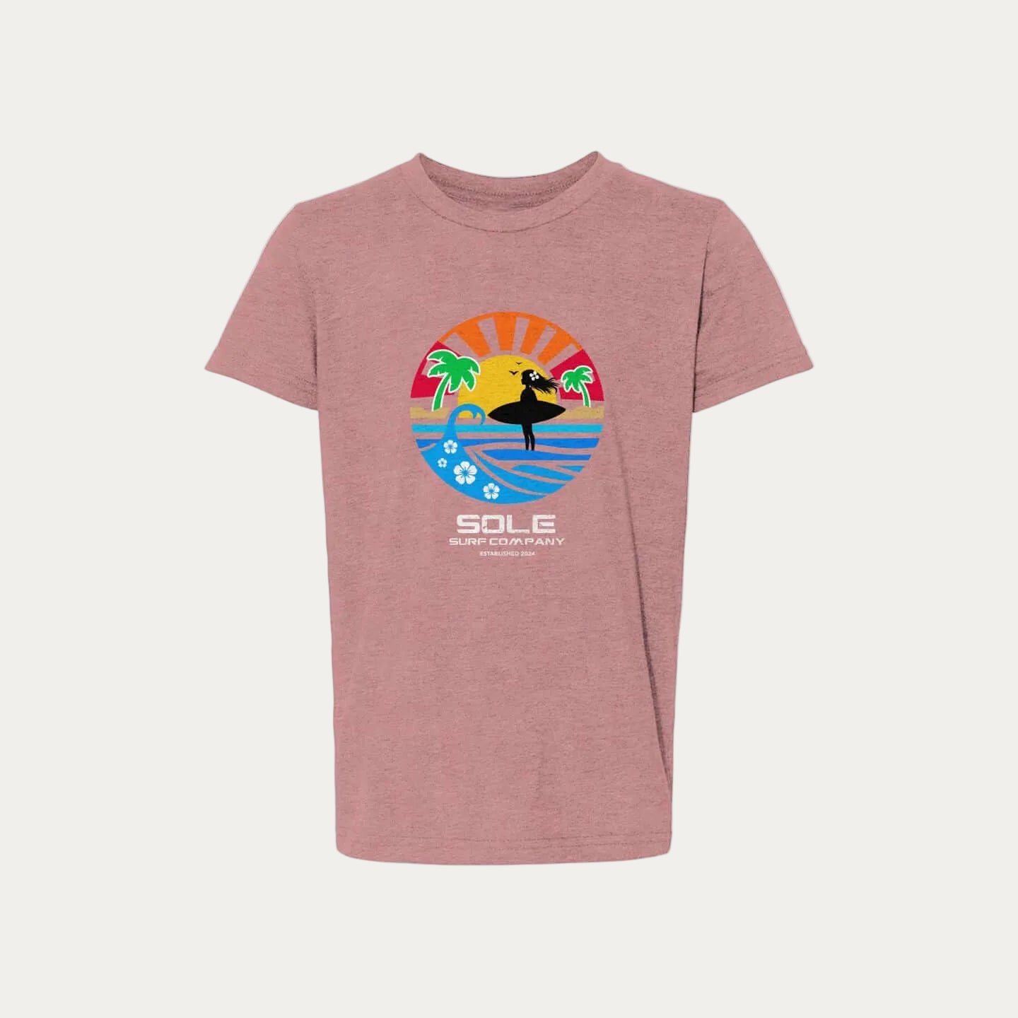 Girls Sunset Surfer Tee featuring colorful graphic design with surfer, palm trees, and sunset.