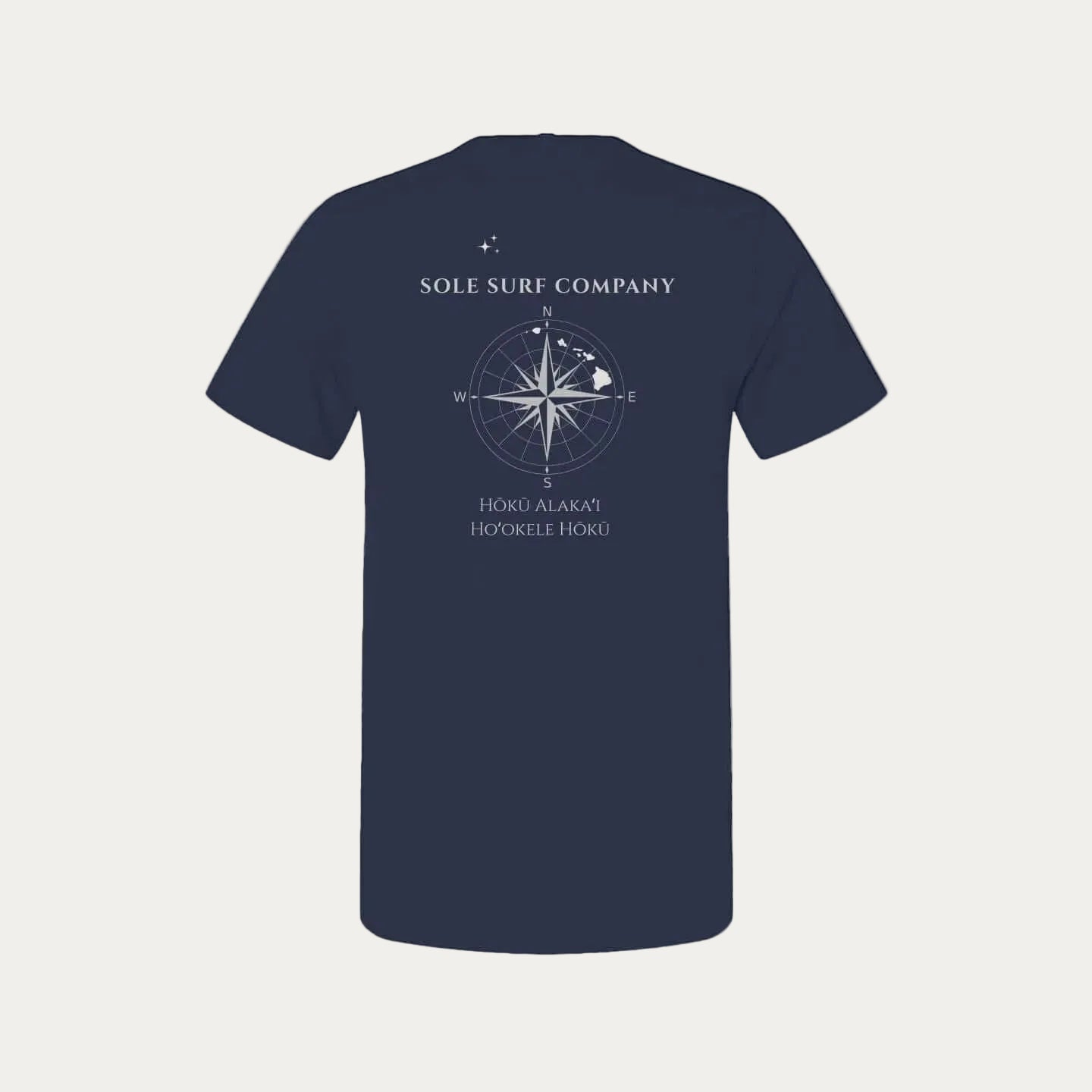 Hawaiian Navigation - Hōkū Alakaʻi Tee featuring compass design and navigation phrases on navy background.