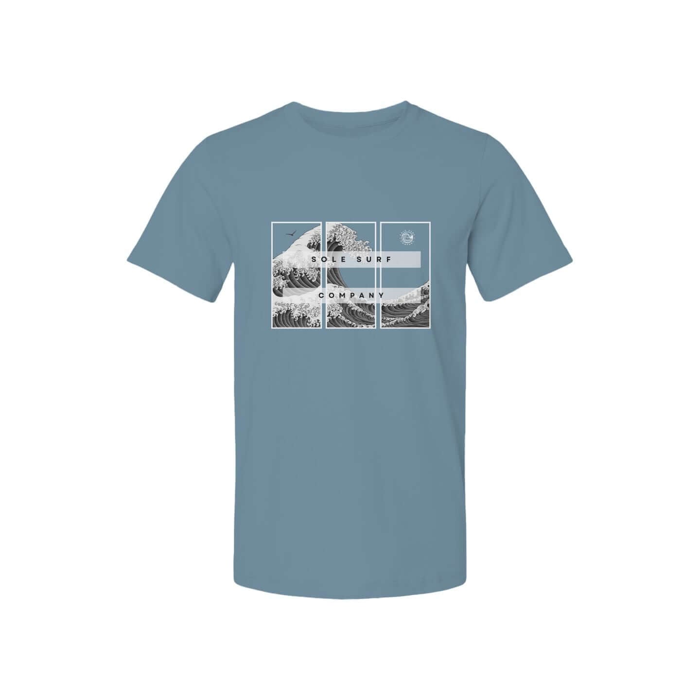 The Hokusai Horizon Tee with iconic wave art on a soft blue shirt.