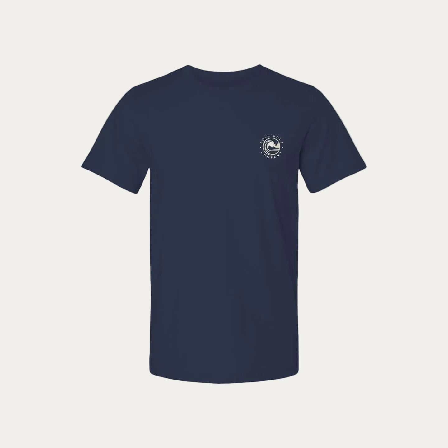 Sole Manifesto Tee in navy featuring subtle surf-inspired design, embodying quiet confidence and premium quality.