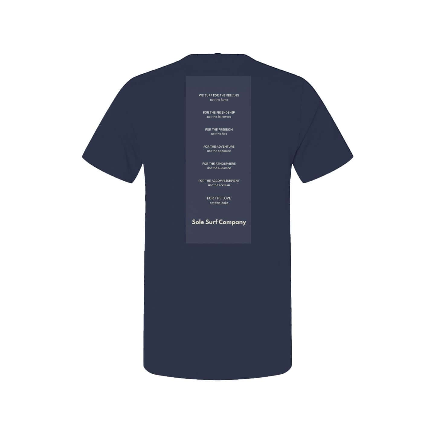 Sole Manifesto Tee showcasing surf values and clean typography on a premium navy shirt.