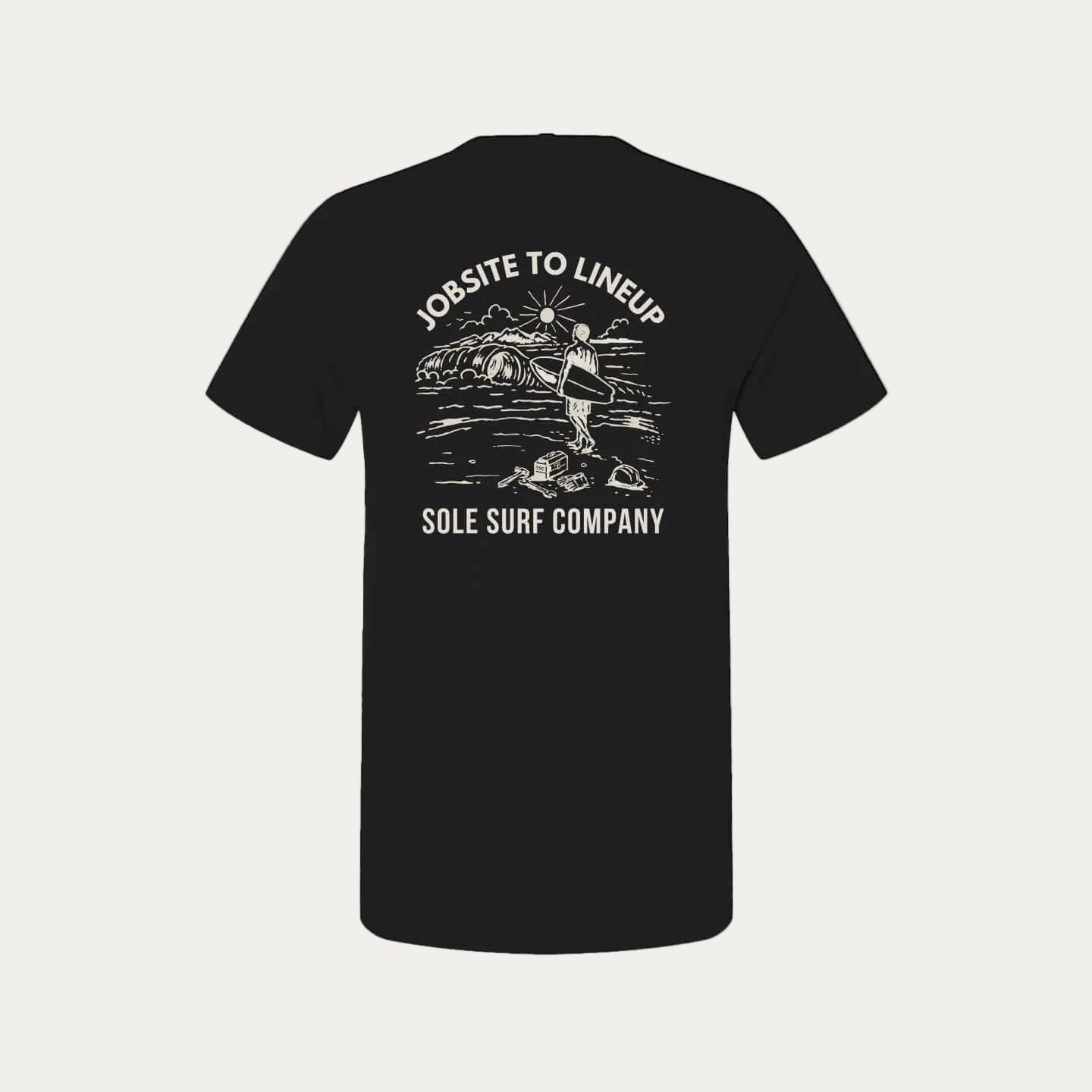 Black working man tee shirt from SSC with 'Jobsite to Lineup' graphic design on the back.