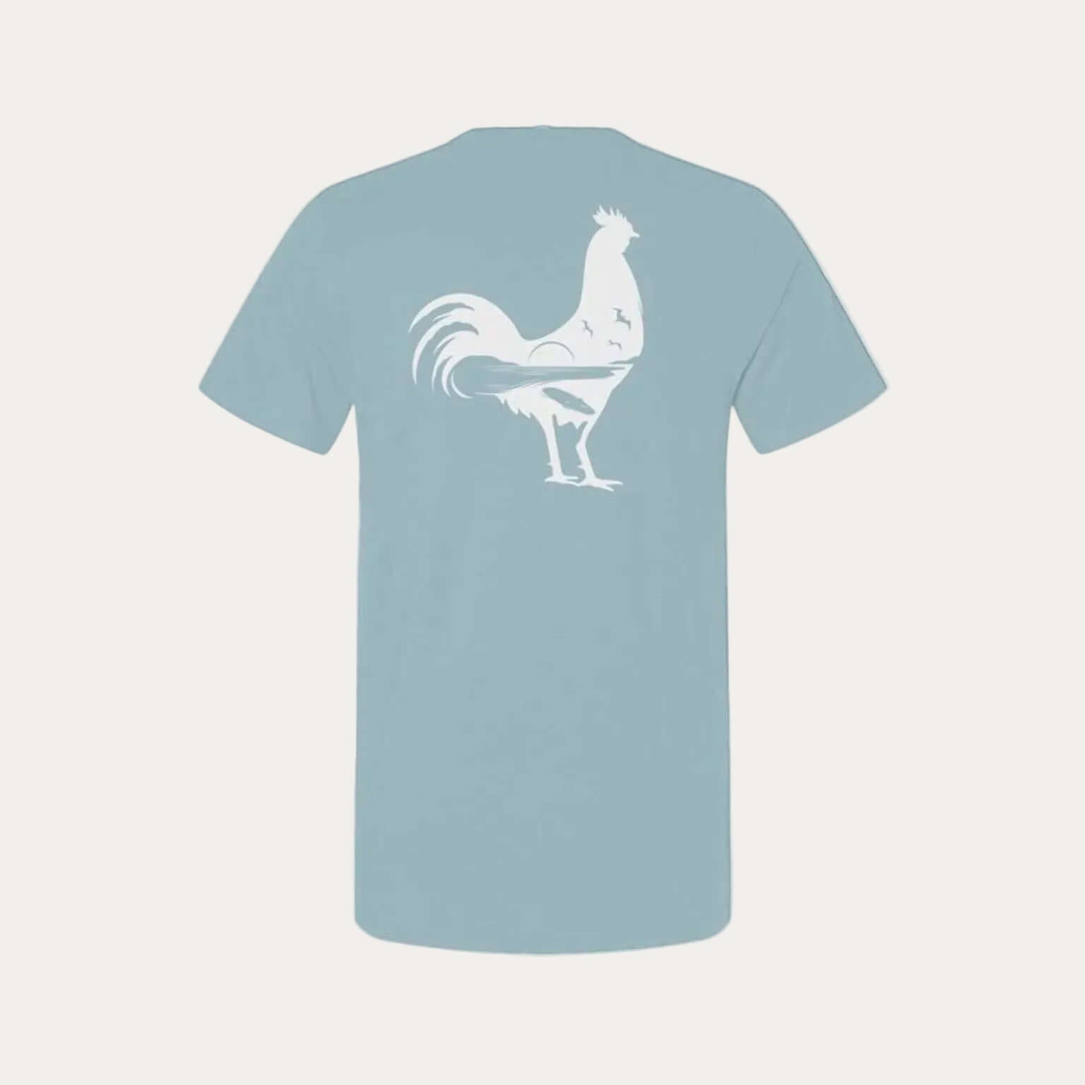 Island Chicken | Adapting and Surviving graphic tee featuring a rooster design on a light blue background.