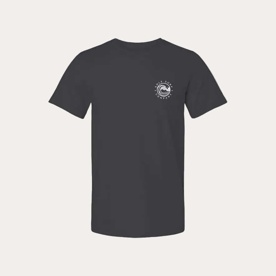 Island Chicken | Adapting and Surviving black t-shirt featuring minimal wave design on the front.