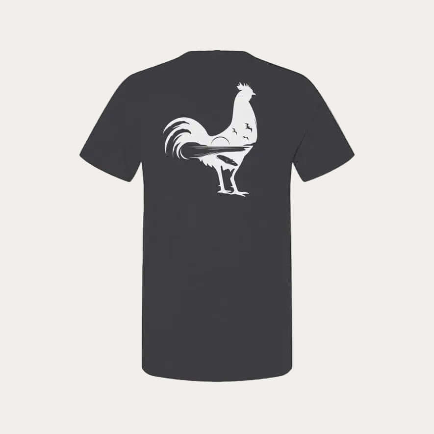 Island Chicken | Adapting and Surviving graphic tee featuring a rooster design on the back.