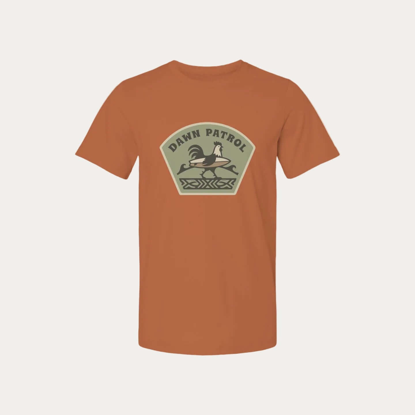 Dawn Patrol | Made for Early Morning t-shirt featuring a surf-inspired design on a vibrant orange background.