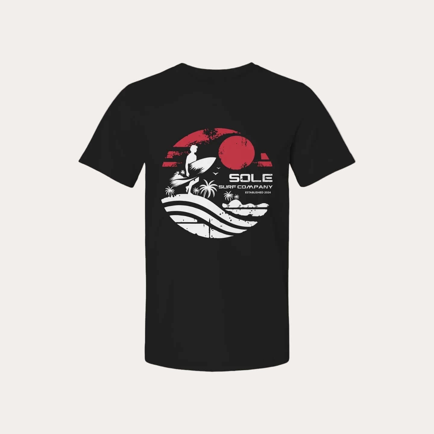 Back view of First Light | Before the Crowds t-shirt featuring a surfer graphic and vibrant sunset design.