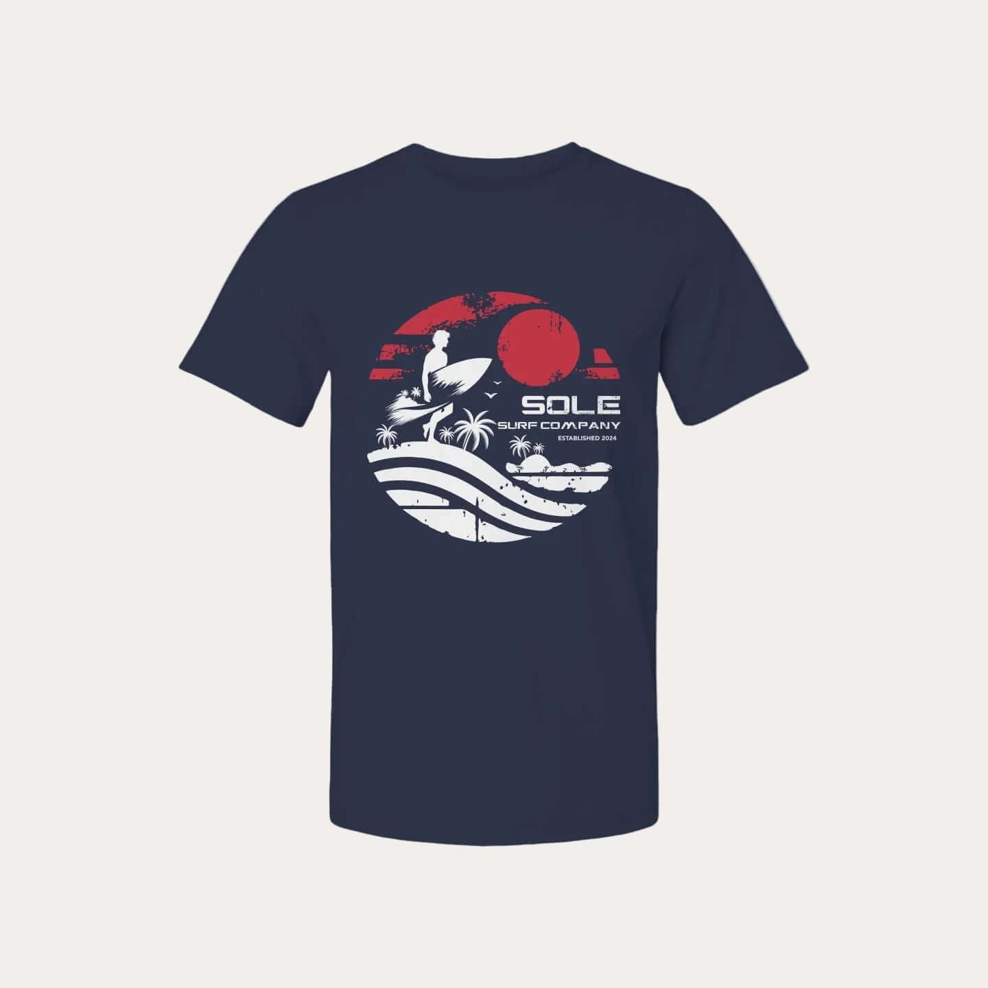 Back view of the First Light | Before the Crowds t-shirt featuring a surfing design with a sunset backdrop.