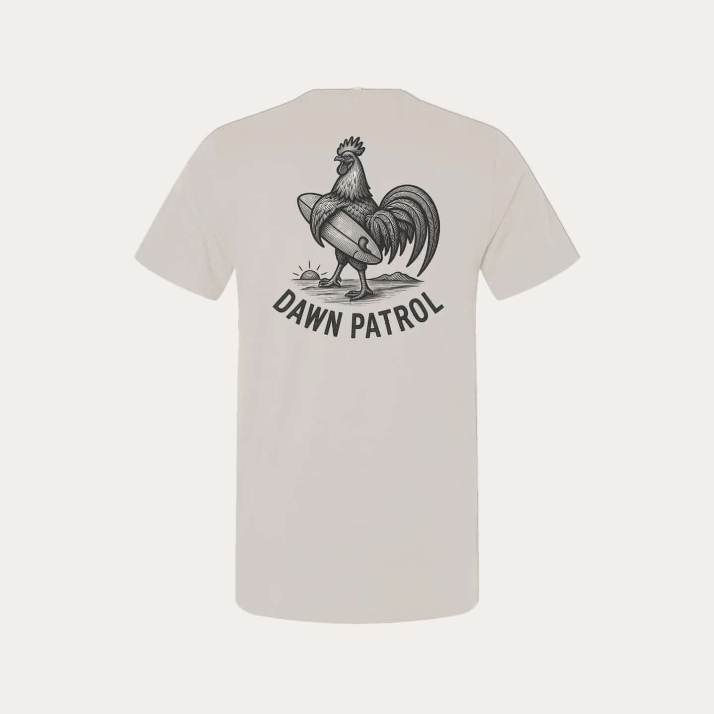 Dawn Patrol | Heritage t-shirt featuring a rooster with a surfboard, capturing Hawaii's early surf vibe.