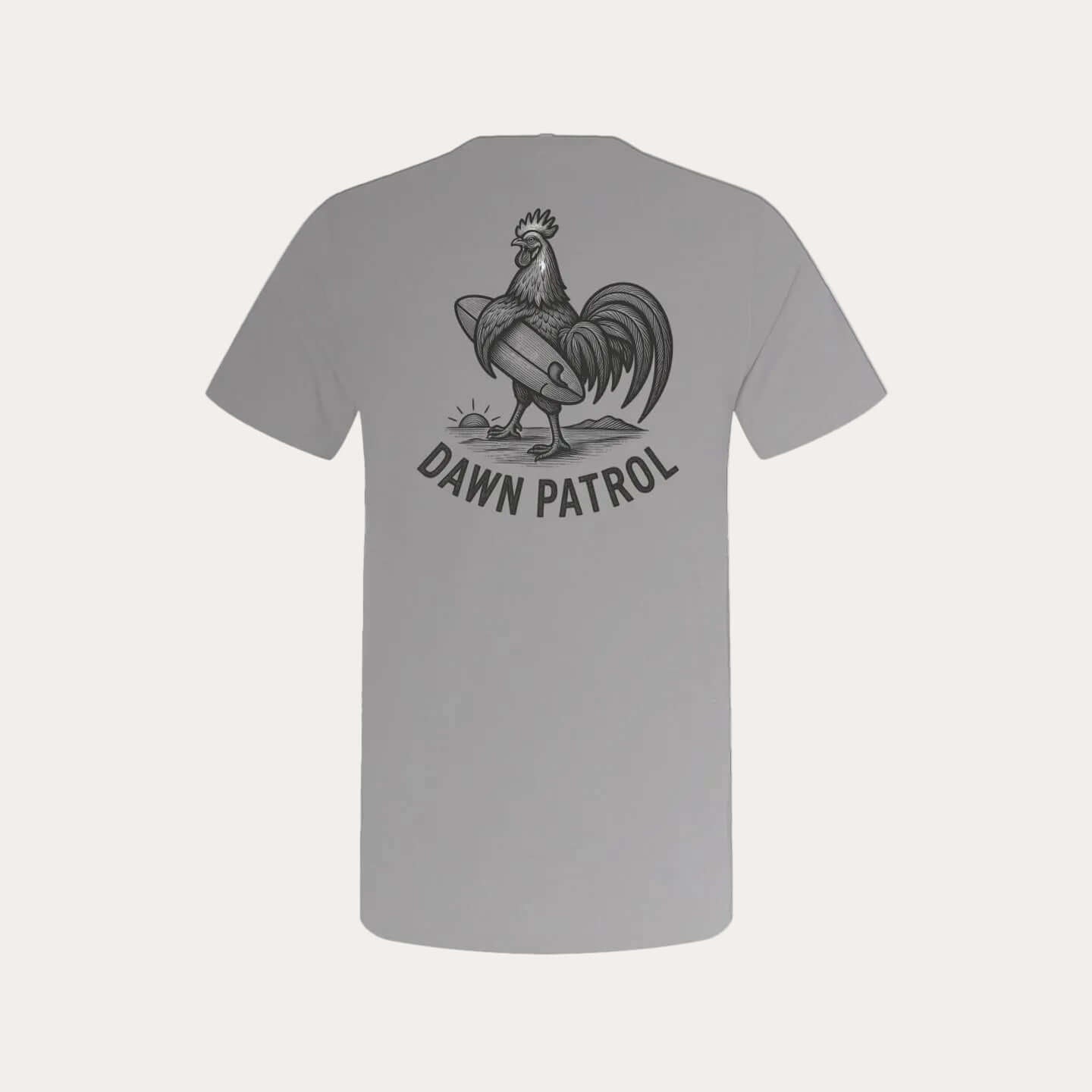 Dawn Patrol | Heritage t-shirt featuring a hand-drawn isle rooster with surfboard and rising sun design.