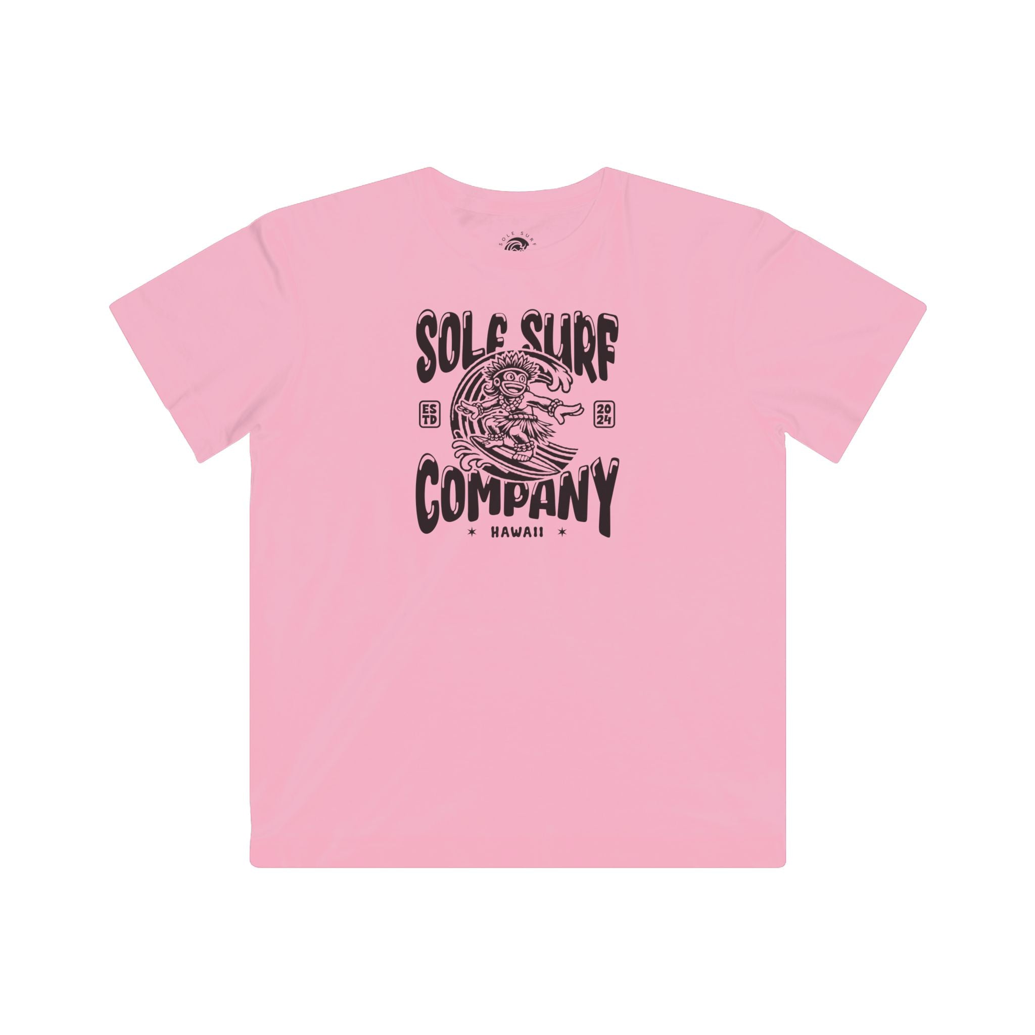 Back view of a pink kid's t-shirt featuring Solo Surf Company Hawaii logo and tiger graphic design.