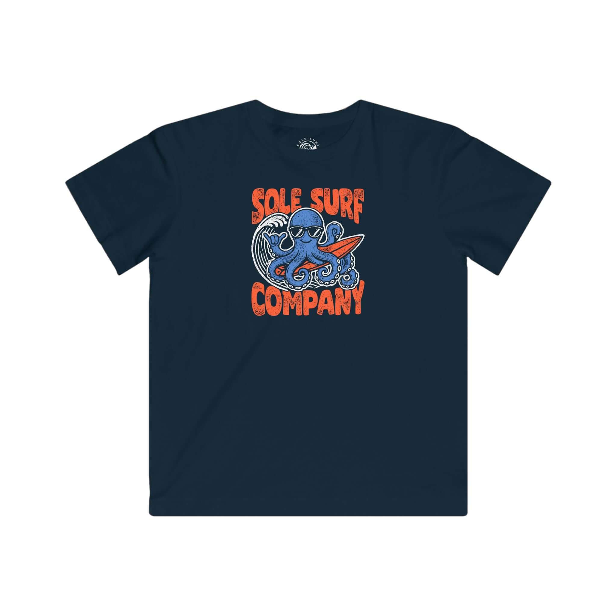 Kids Surfing Octopus Tee by Sole Surf Company featuring a playful octopus design on a navy background.