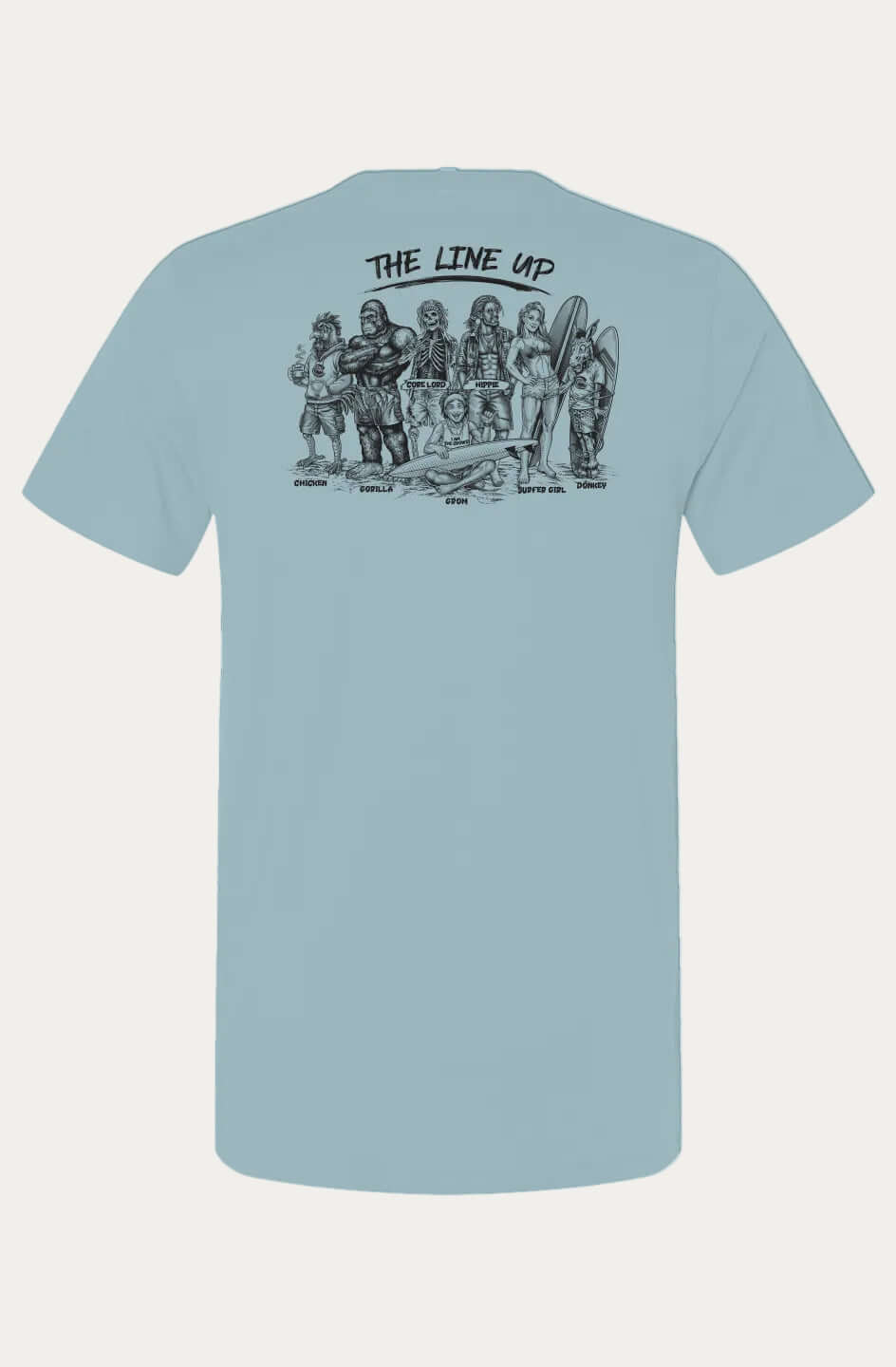 A light blue short-sleeve t-shirt shown from the back, featuring a black line art graphic of a band called 'The Line Up' with the text 'THE LINE UP' above them.