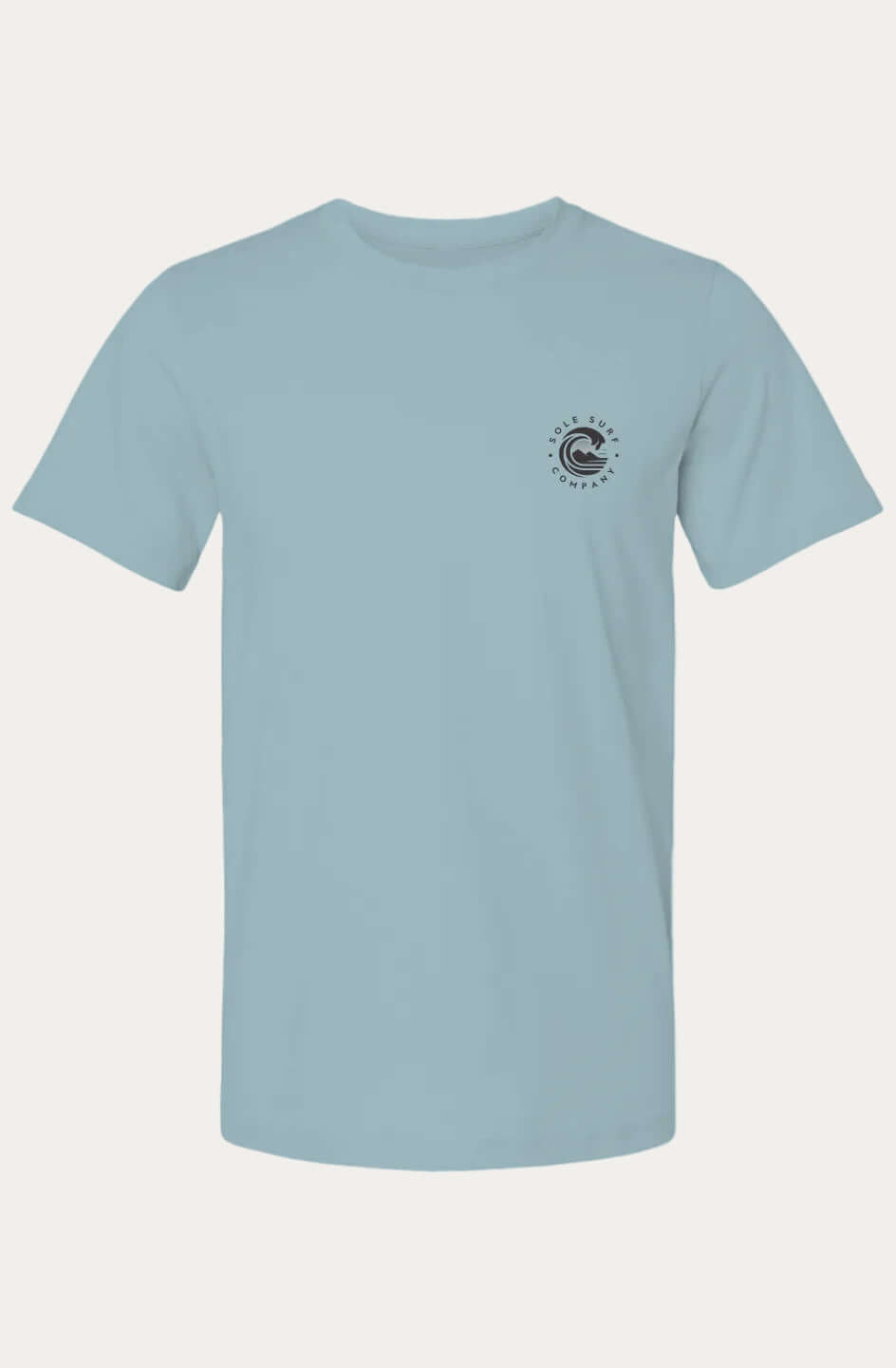 A light blue crewneck t-shirt with a small circular black logo on the left chest, displayed on a solid white background.
